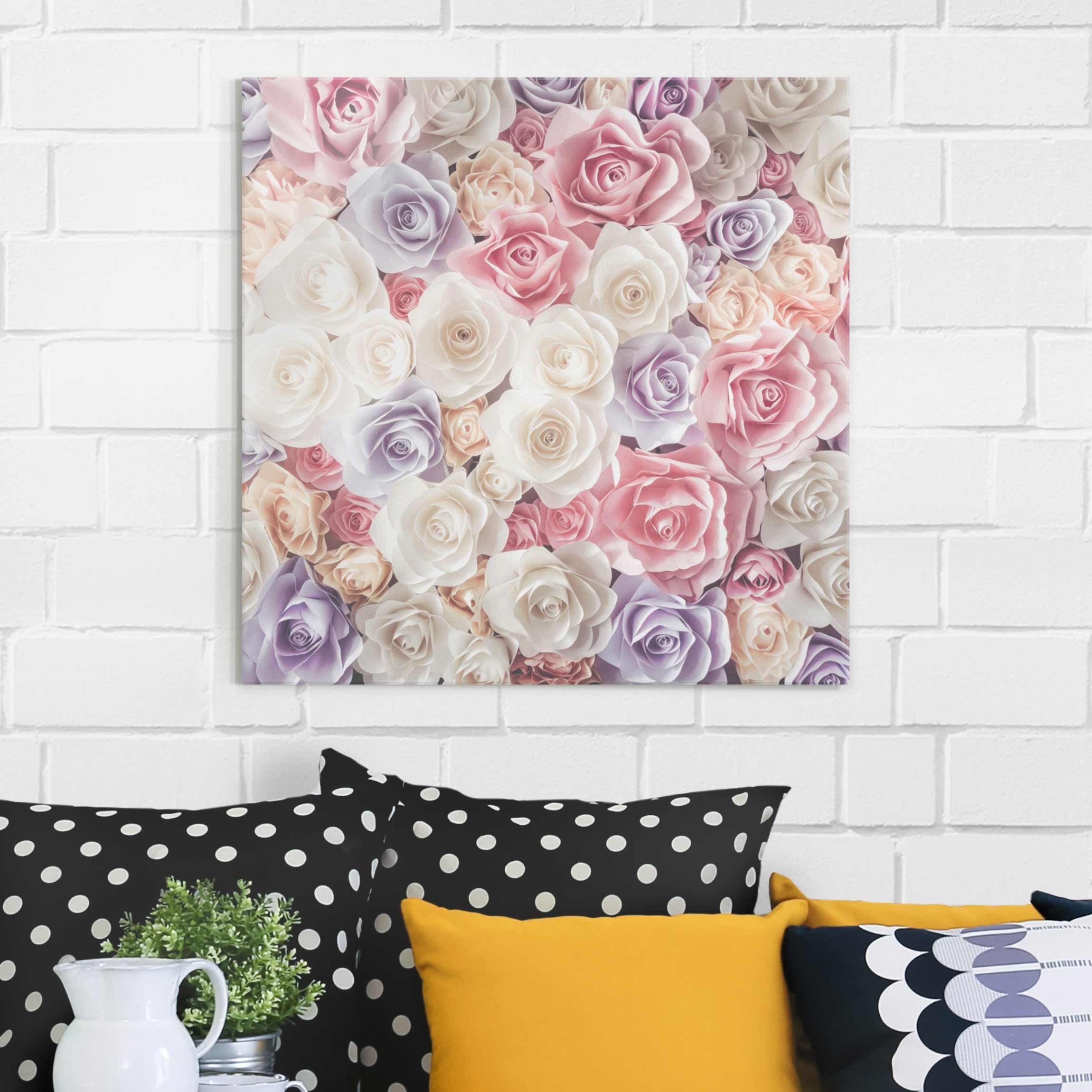Glasbild - Quadrat Pastell Paper Art Rosen