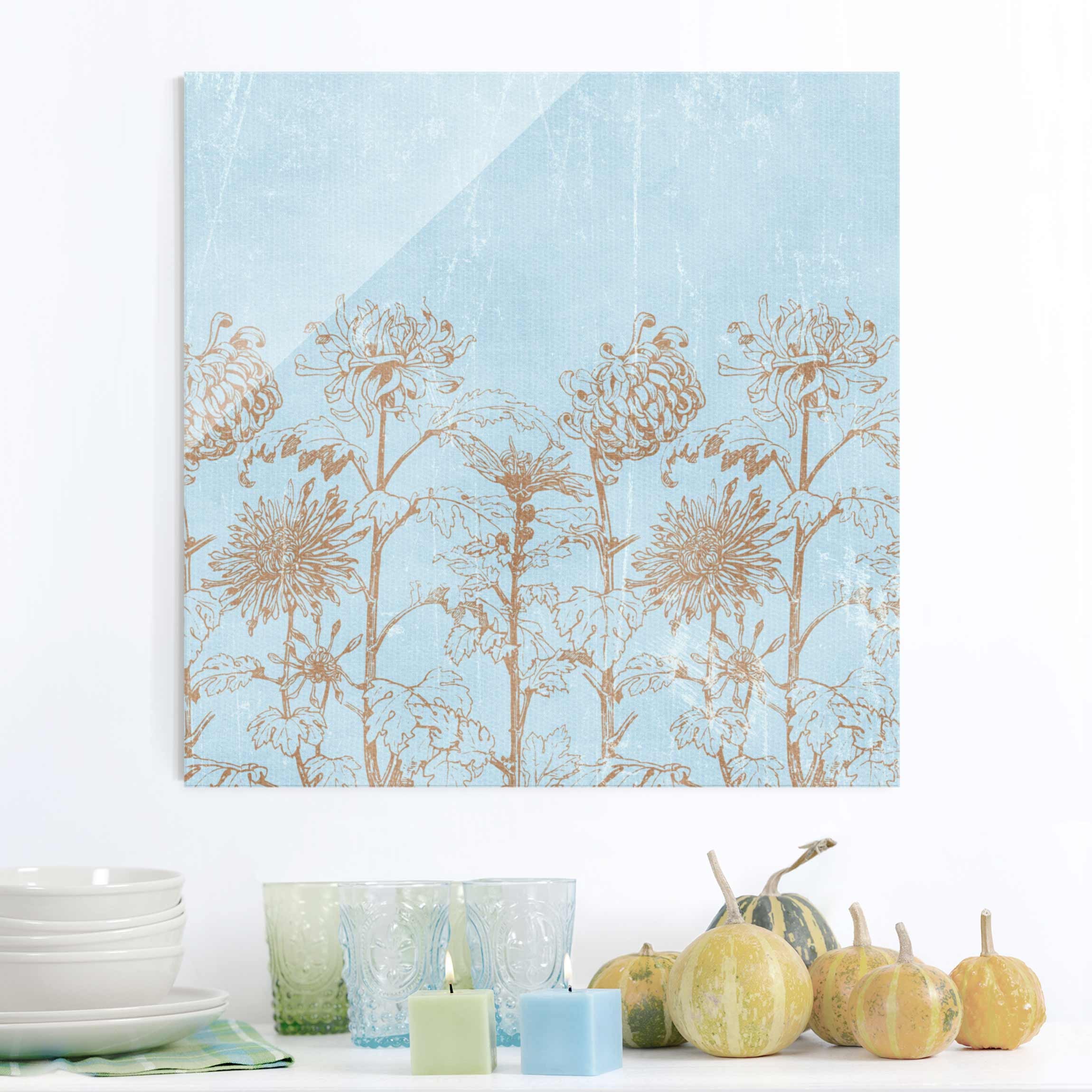 Glasbild Blumen Radierung in Blau