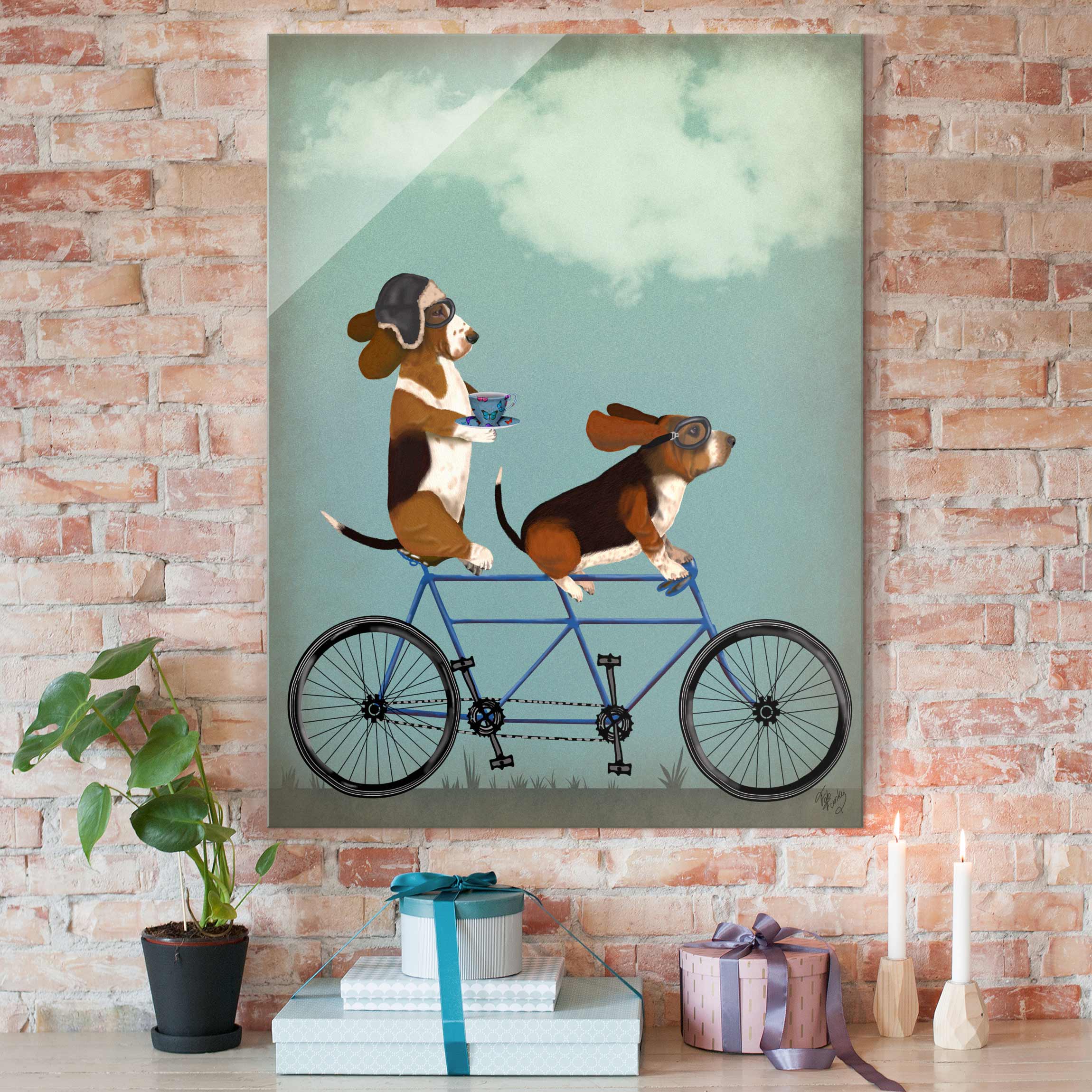 Glasbild Tiere Radtour - Bassets Tandem