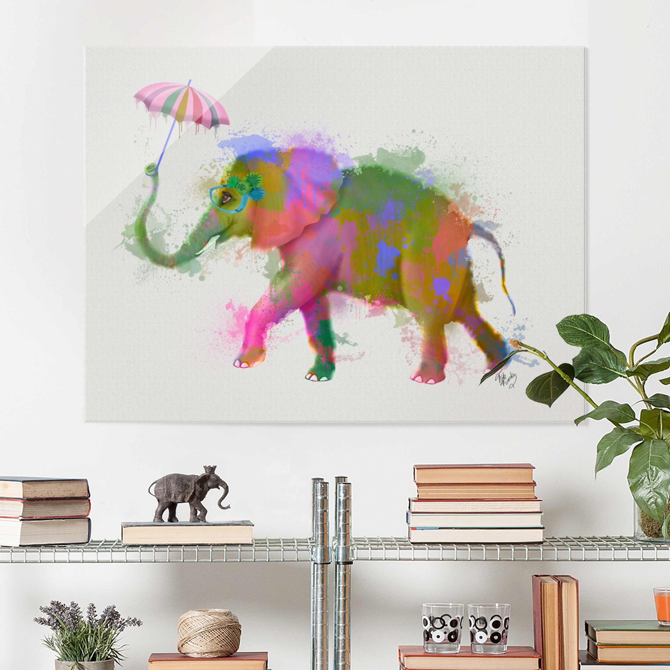 Glasbild Tiere Regenbogen Splash Elefant