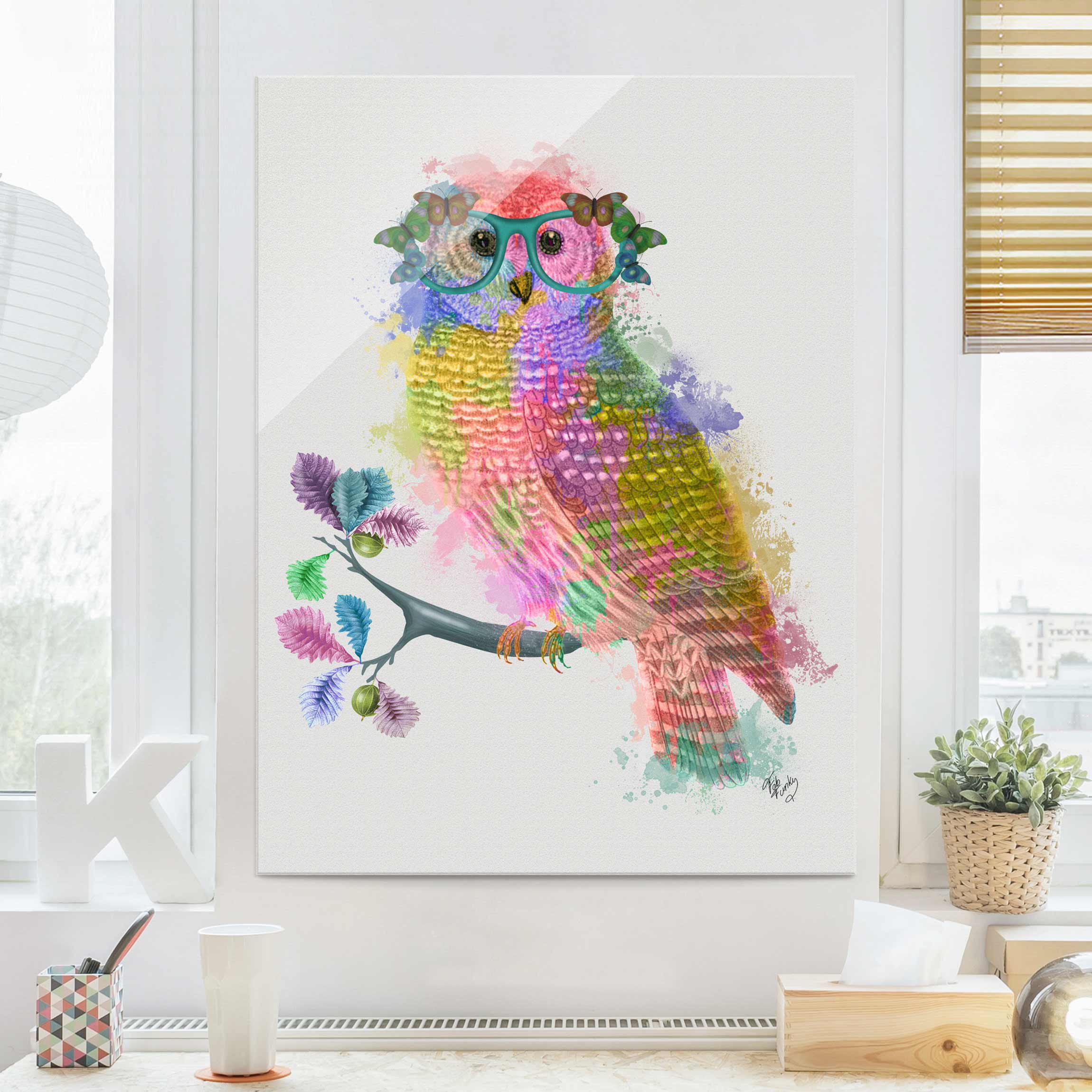 Glasbild Tiere Regenbogen Splash Eule