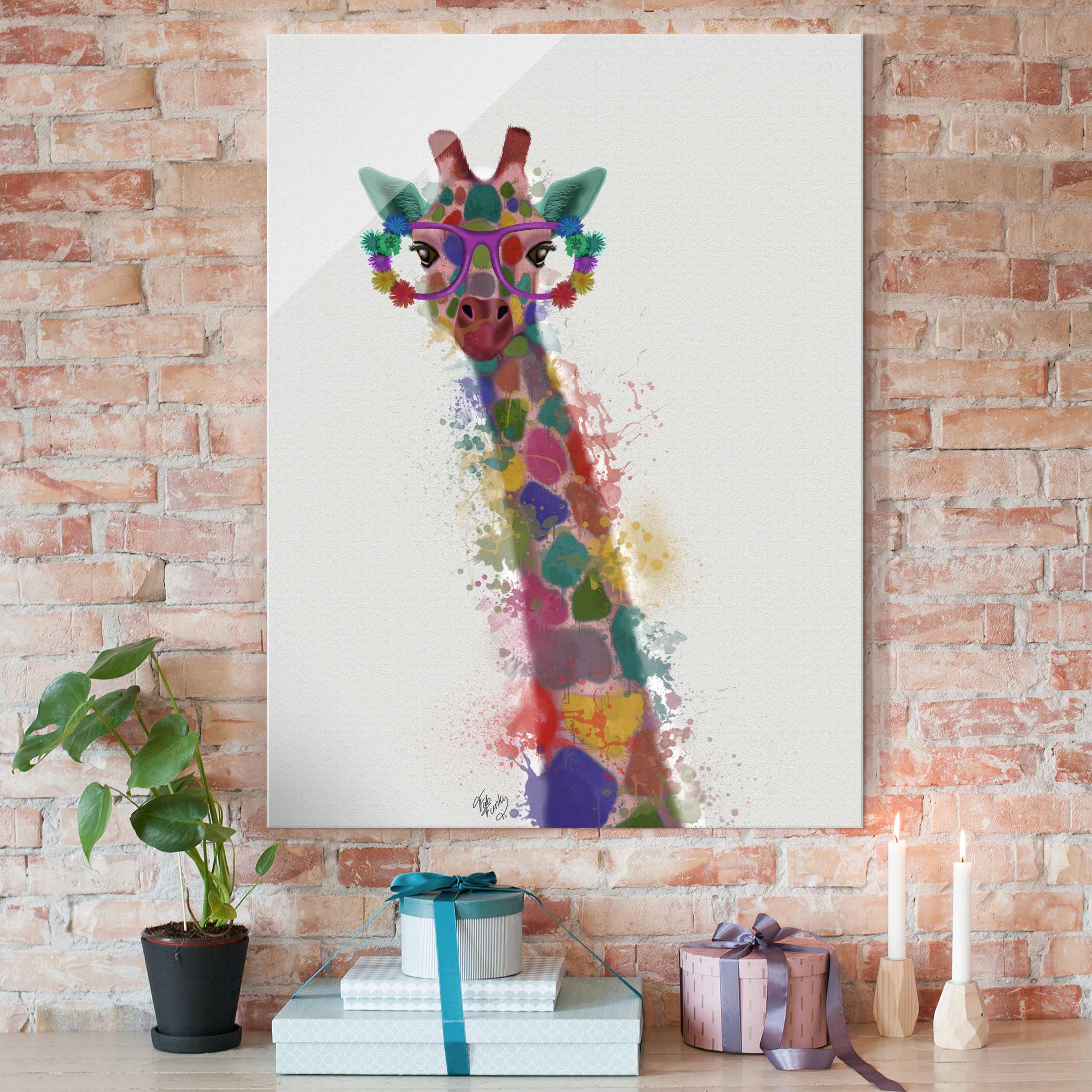 Glasbild Tiere Regenbogen Splash Giraffe