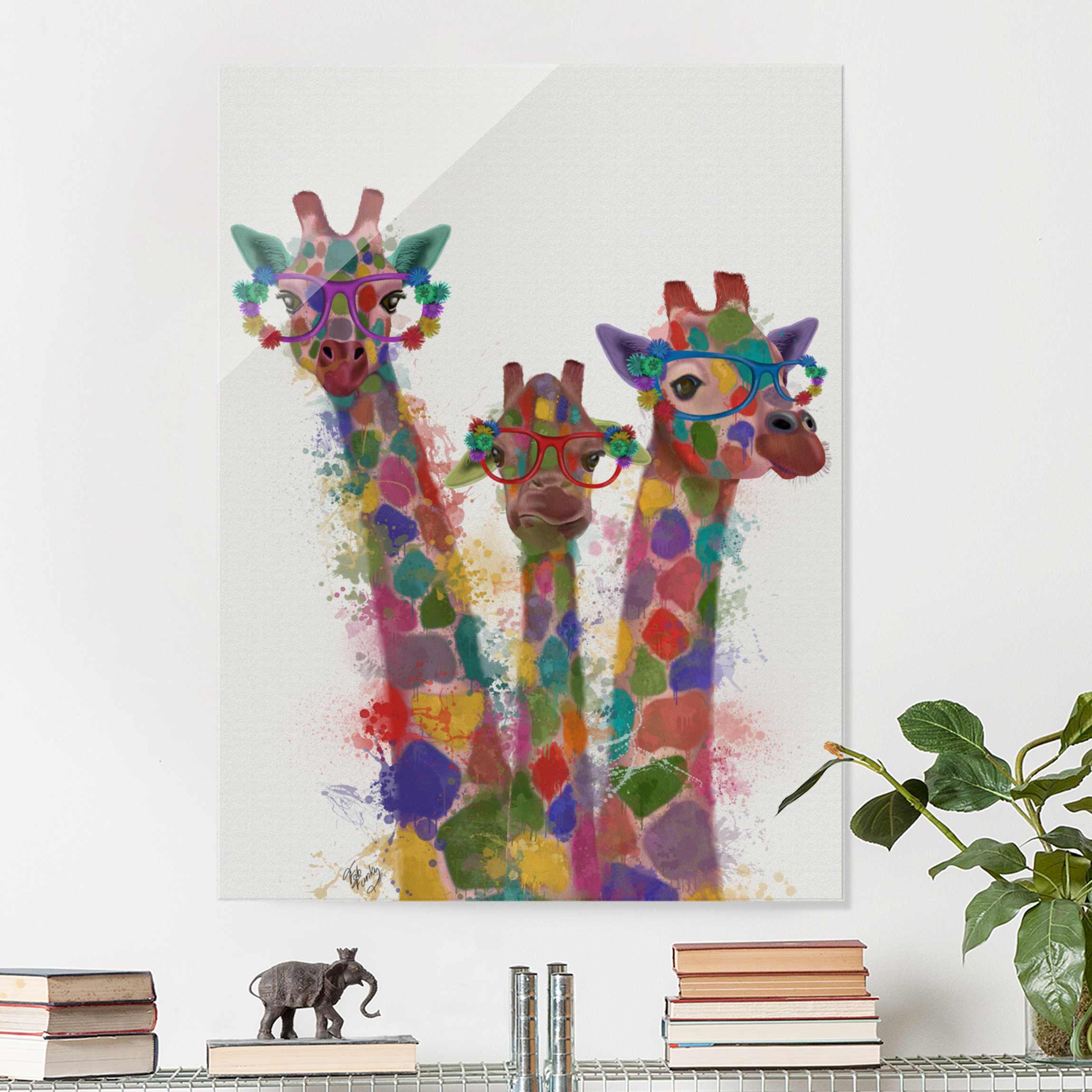 Glasbild Tiere Regenbogen Splash Giraffen-Trio