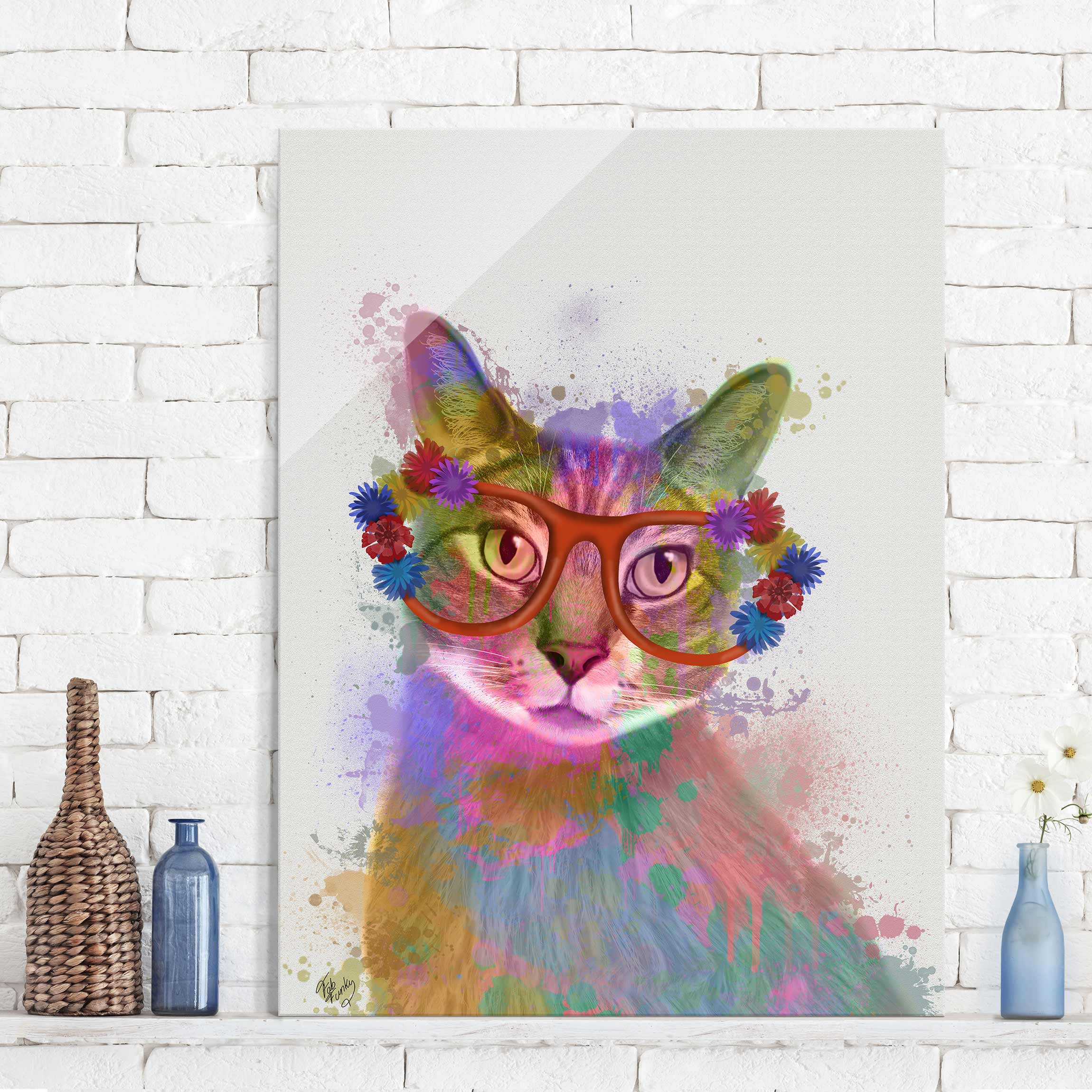 Glasbild Tiere Regenbogen Splash Katze