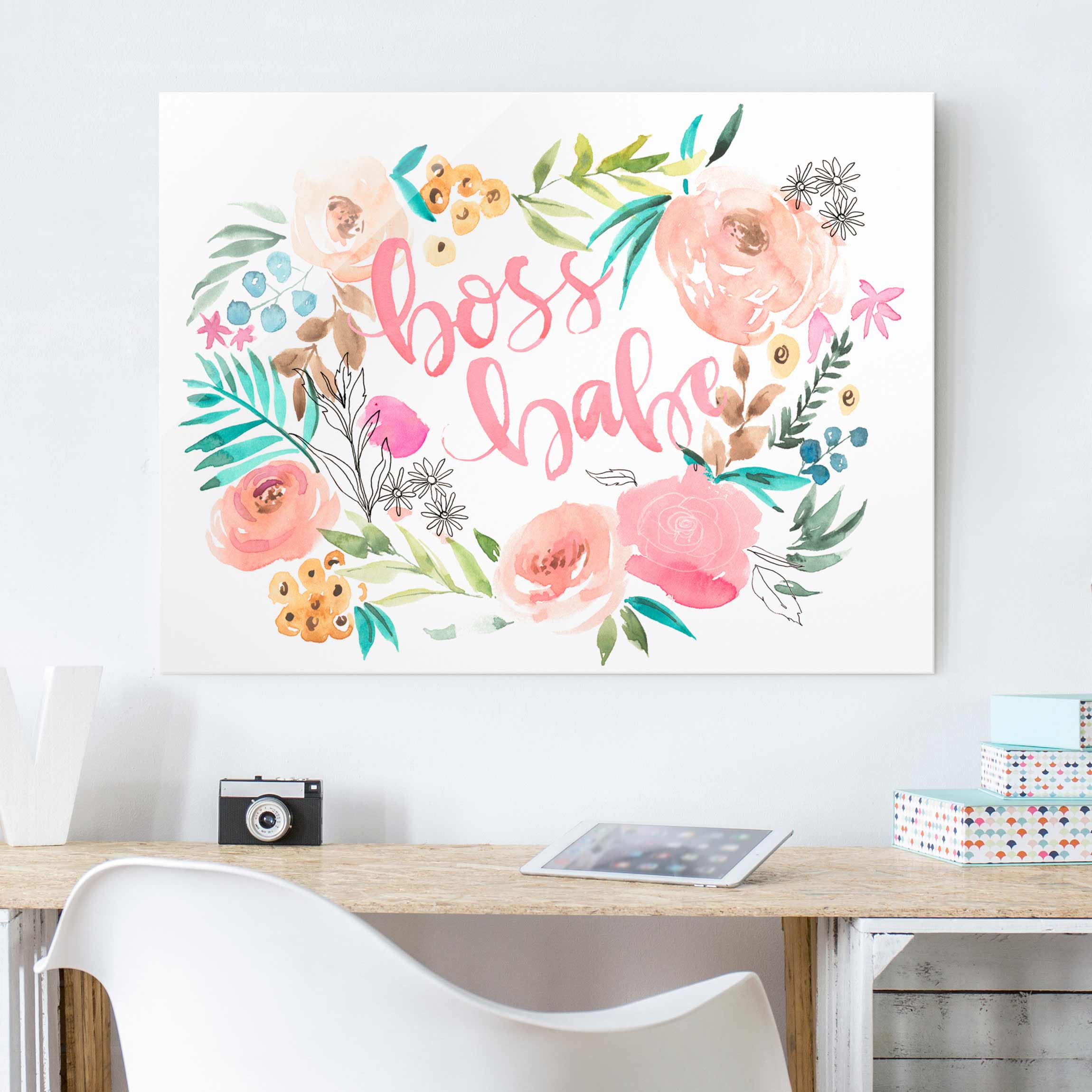 Glasbild Spruch Rosa Blüten - Boss Babe
