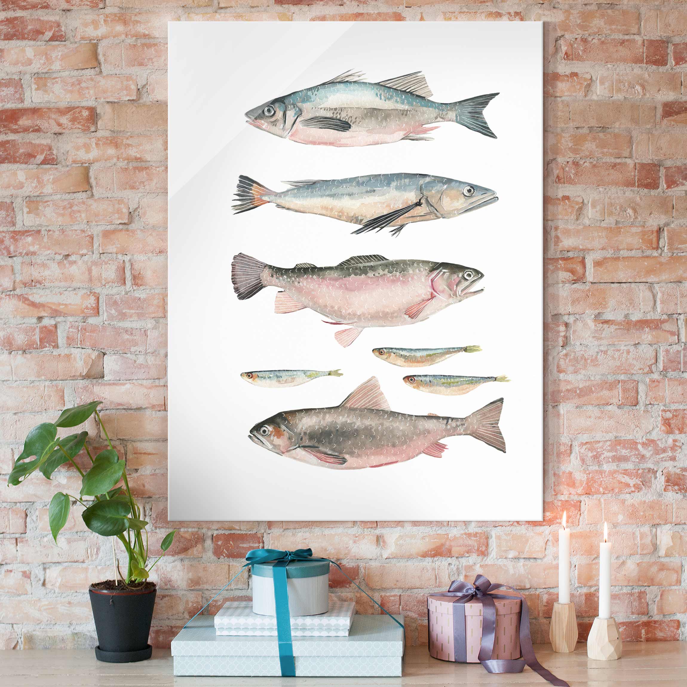 Glasbild - Hochformat Sieben Fische in Aquarell I