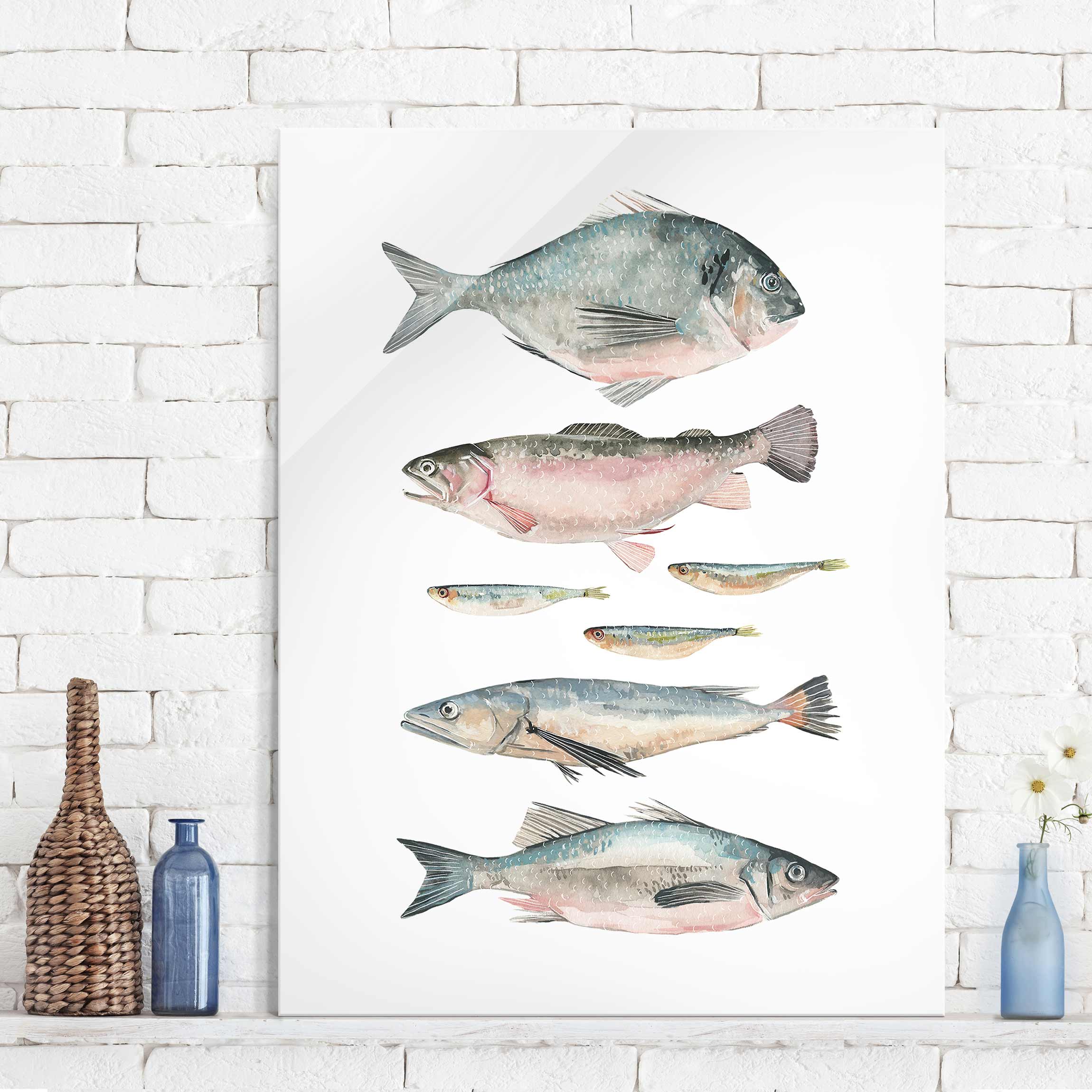 Glasbild Sieben Fische in Aquarell II
