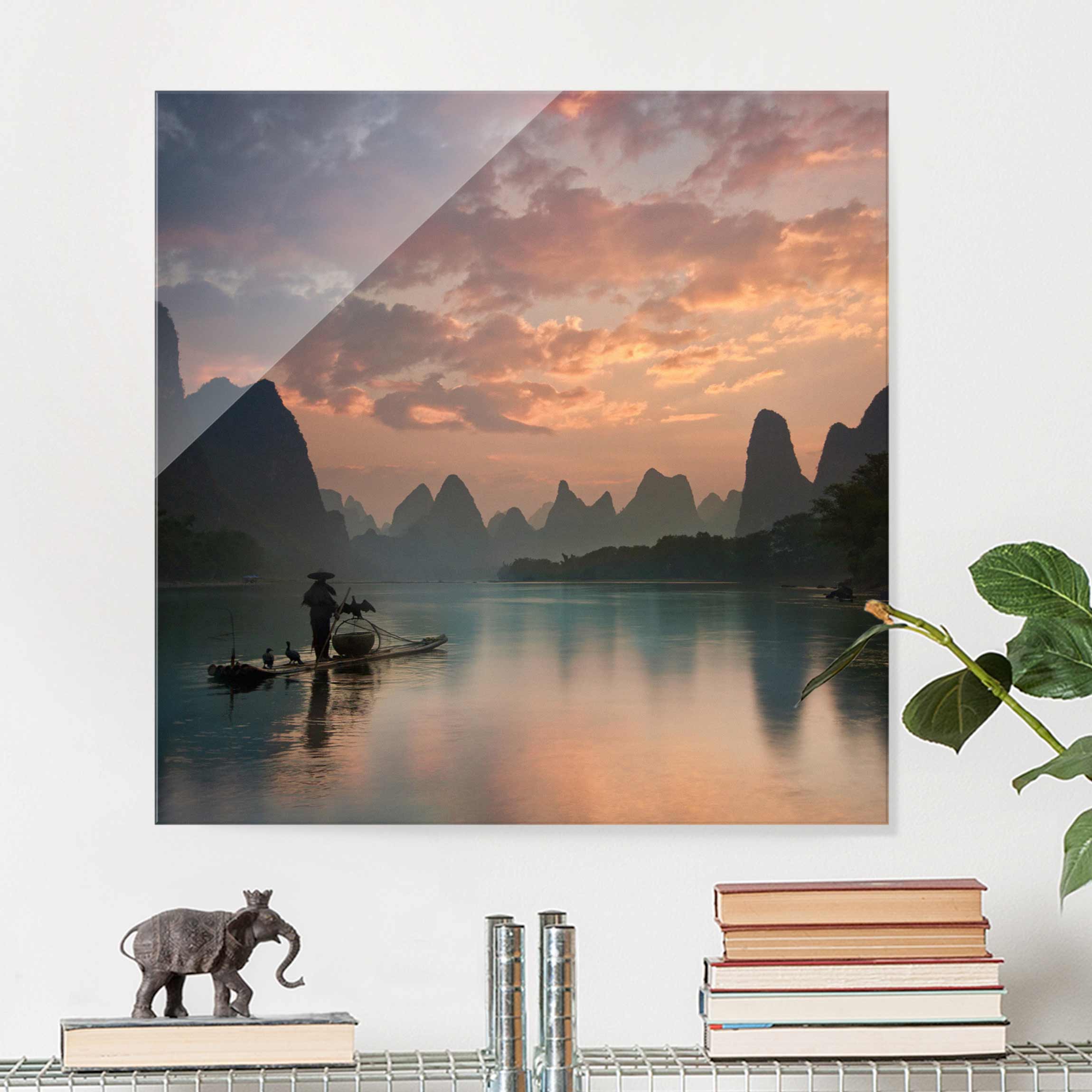 Glasbild - Quadrat Sonnenaufgang über chinesischem Fluss