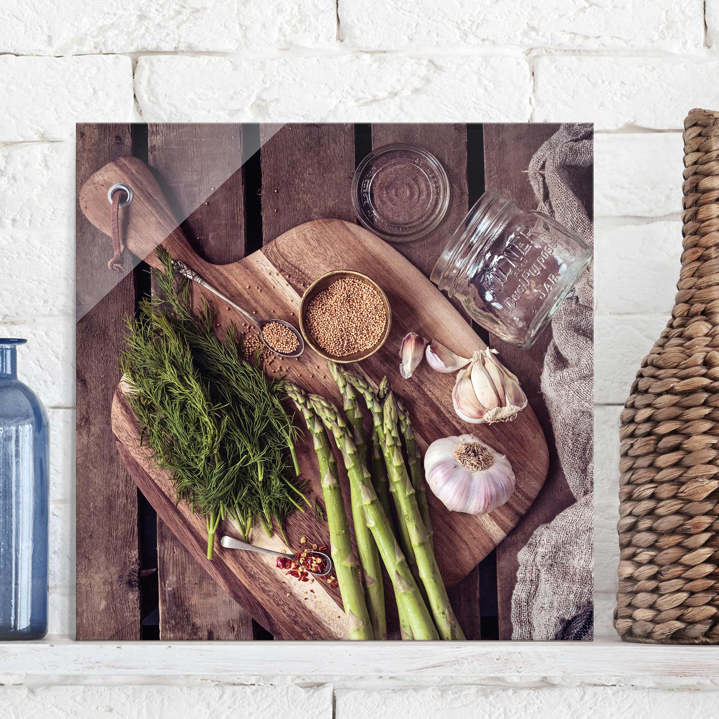 Glasbild Küche Spargel Rustikal