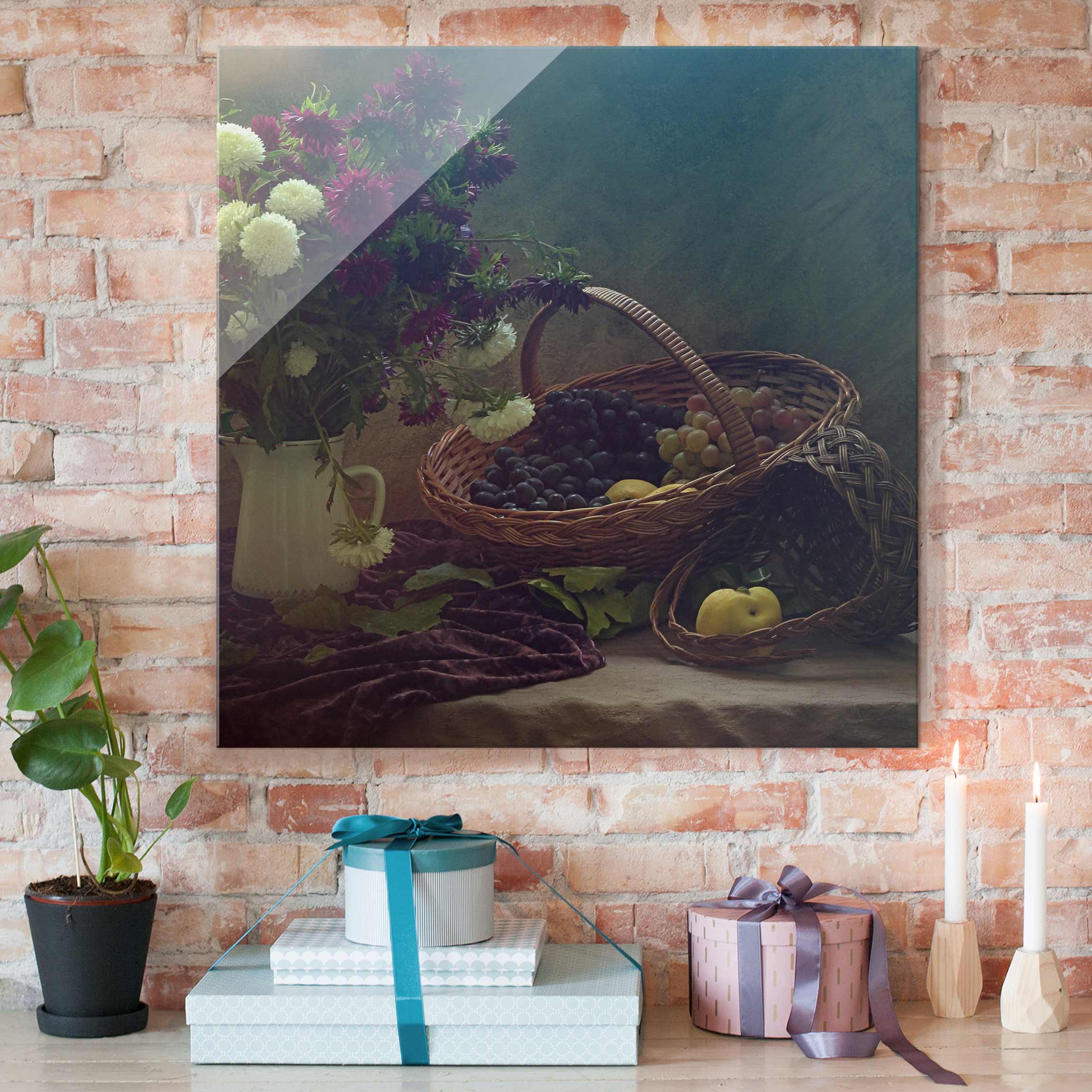 Glasbild Küche Stillleben mit Blumenvase