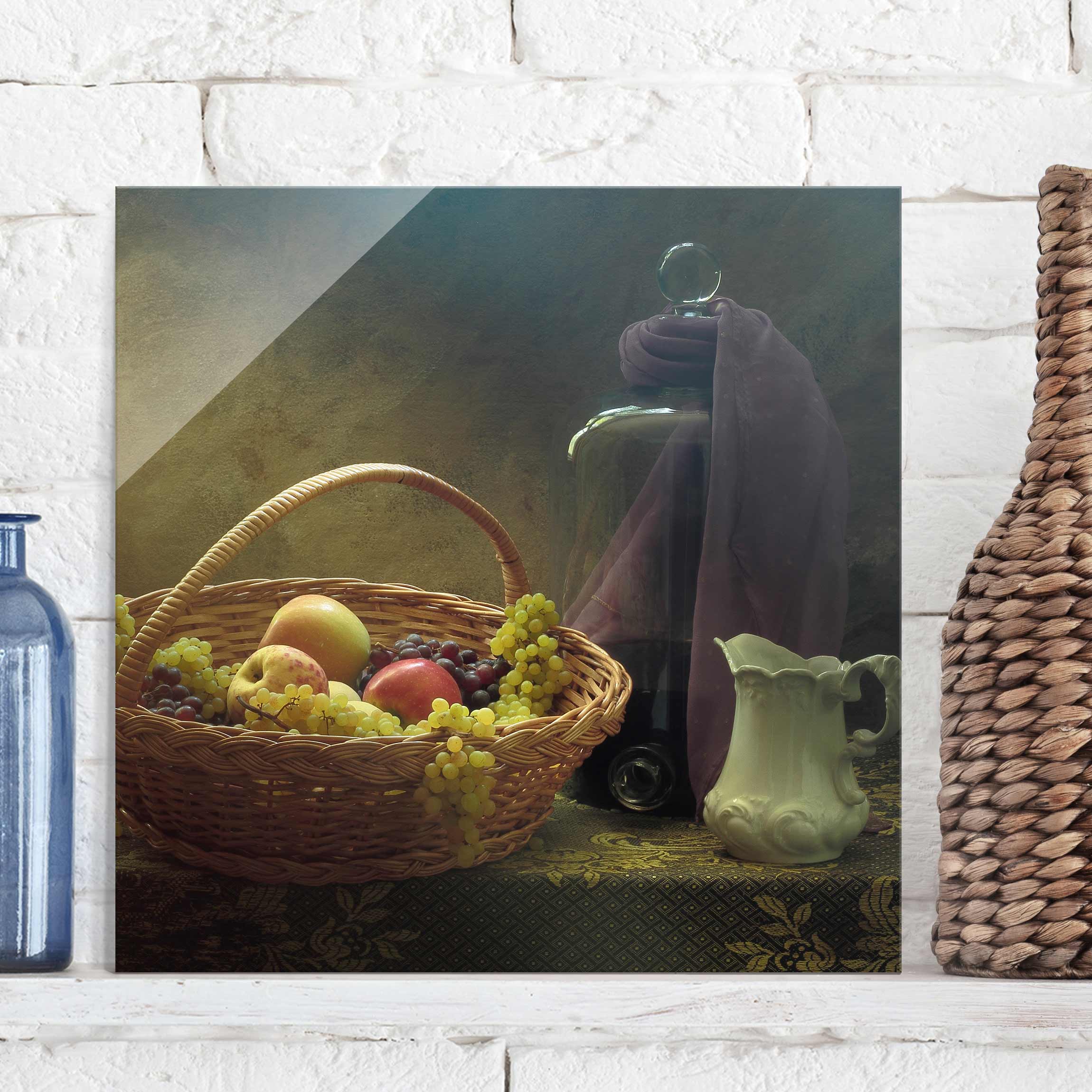 Glasbild Küche Stillleben mit Obstkorb