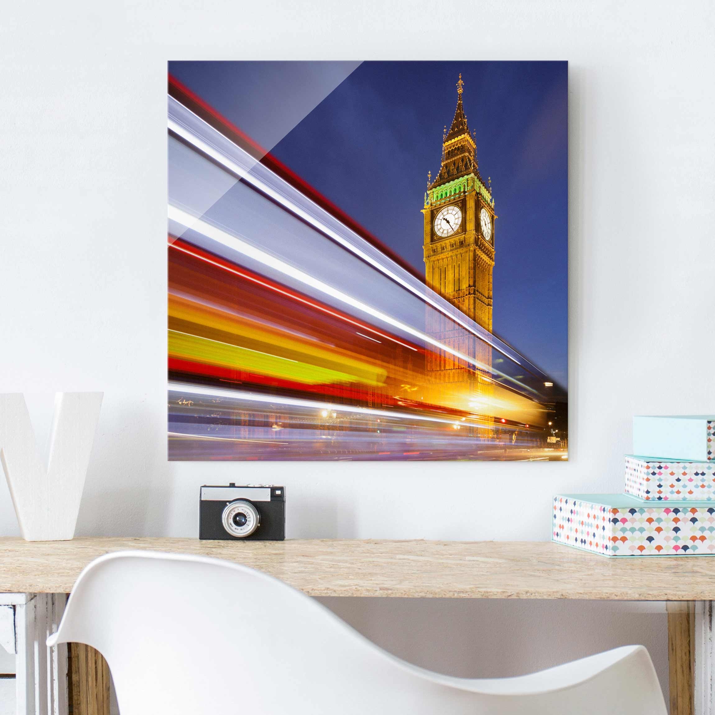 Glasbild Architektur & Skyline Verkehr In London am Big Ben bei Nacht