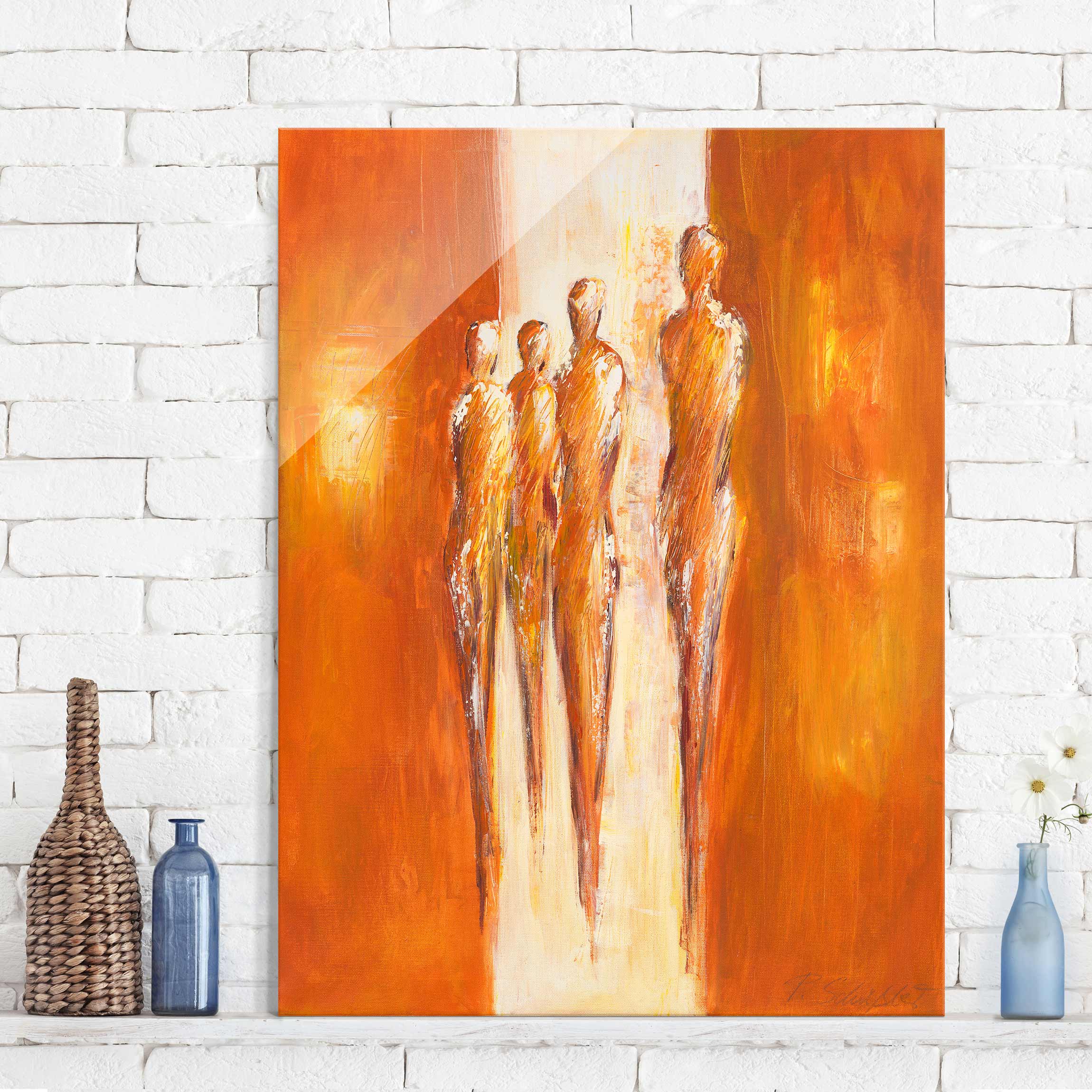 Glasbild - Hochformat Petra Schüßler - Vier Figuren in Orange 02