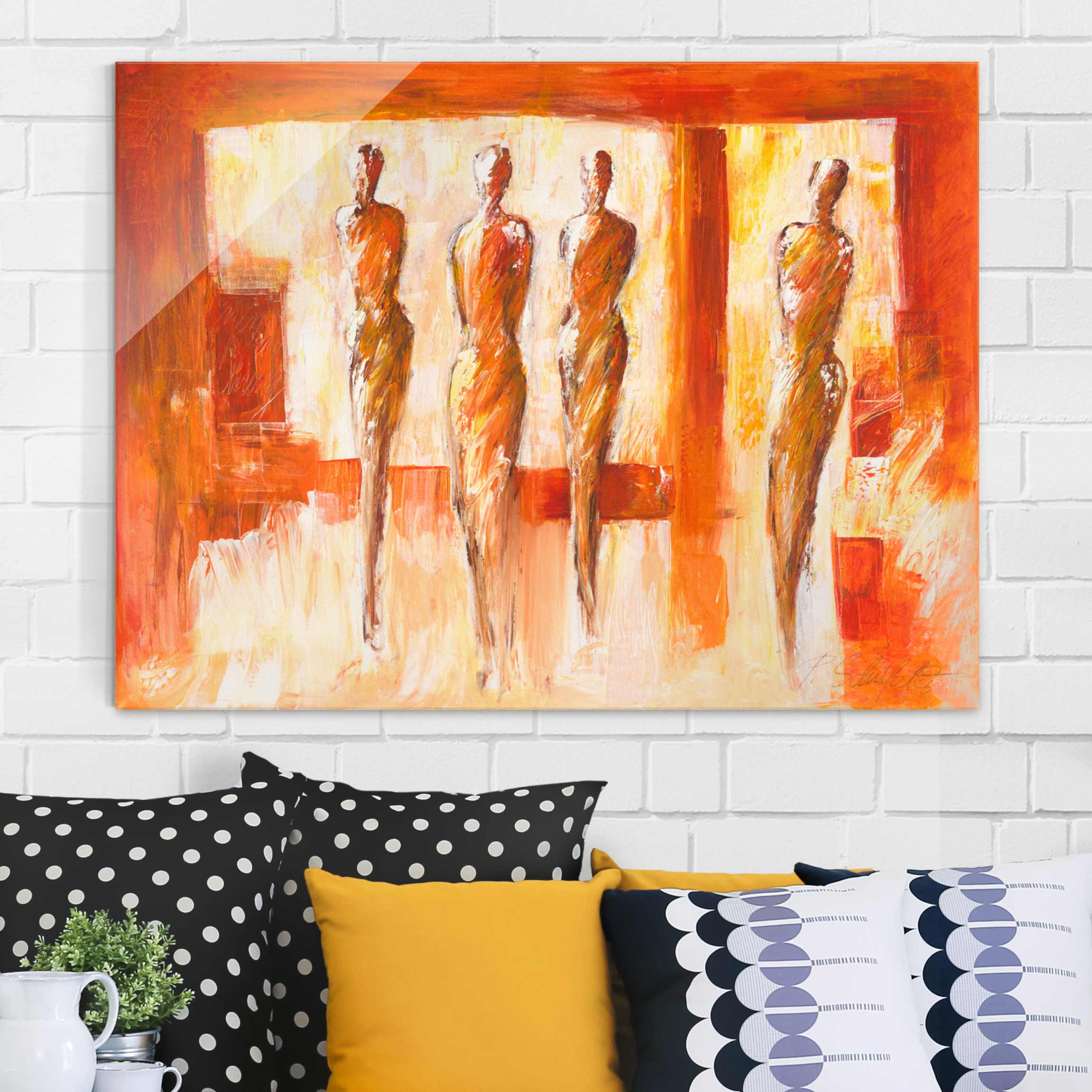 Glasbild - Querformat Petra Schüßler - Vier Figuren in Orange