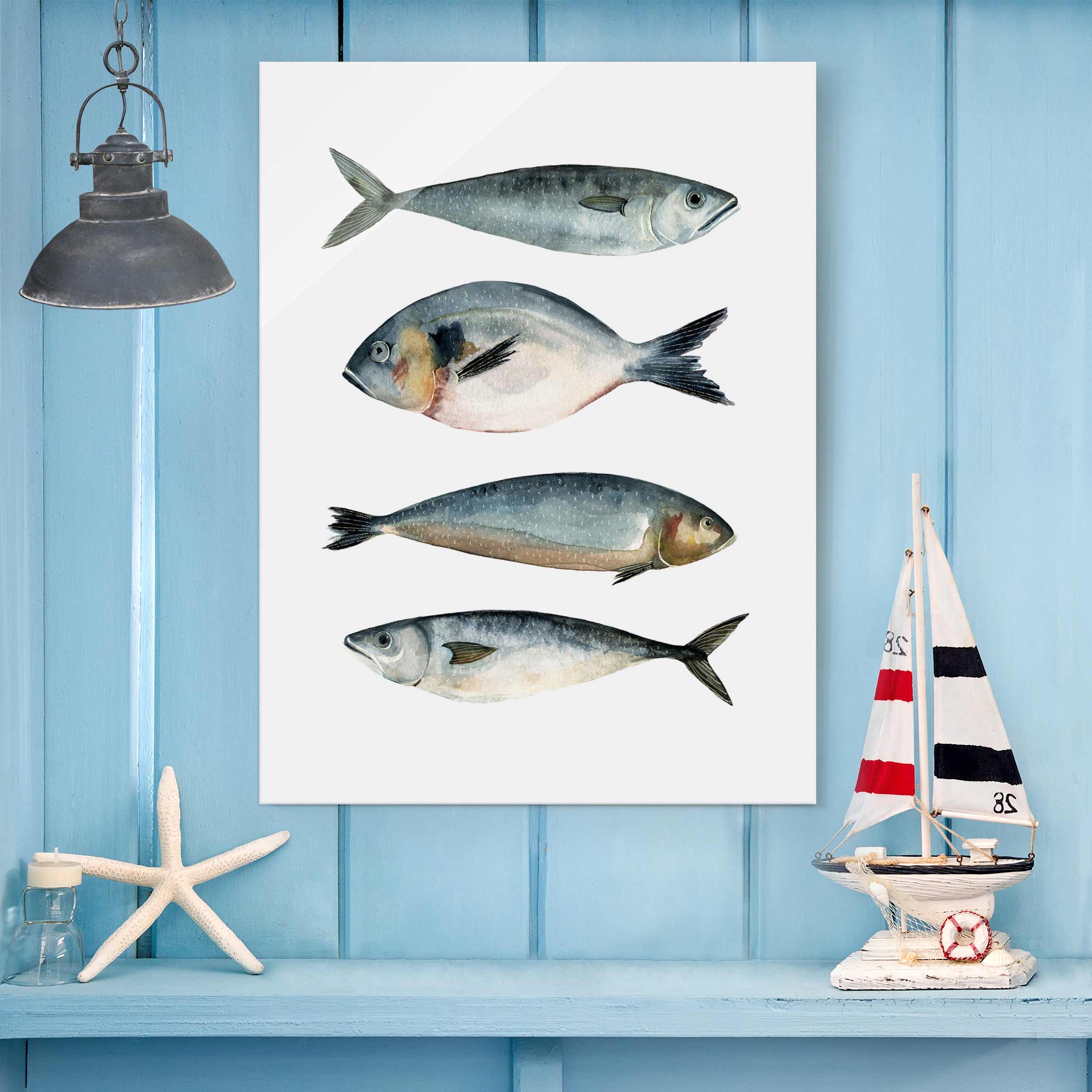 Glasbild Tiere Vier Fische in Aquarell II