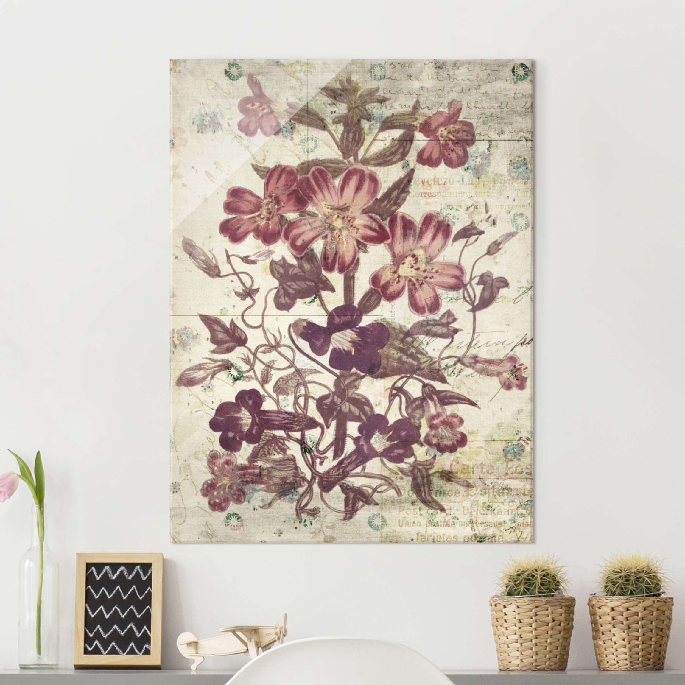 Glasbild - Hochformat Vintage Blütenmuster