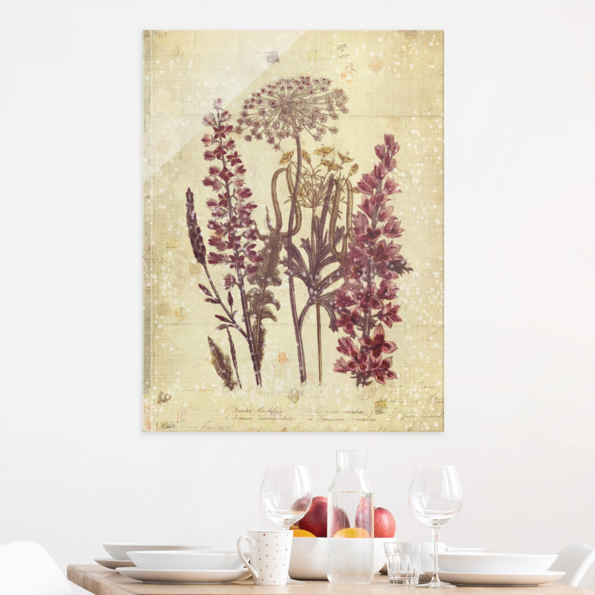 Glasbild Blumen Vintage Leinenoptik Blumen