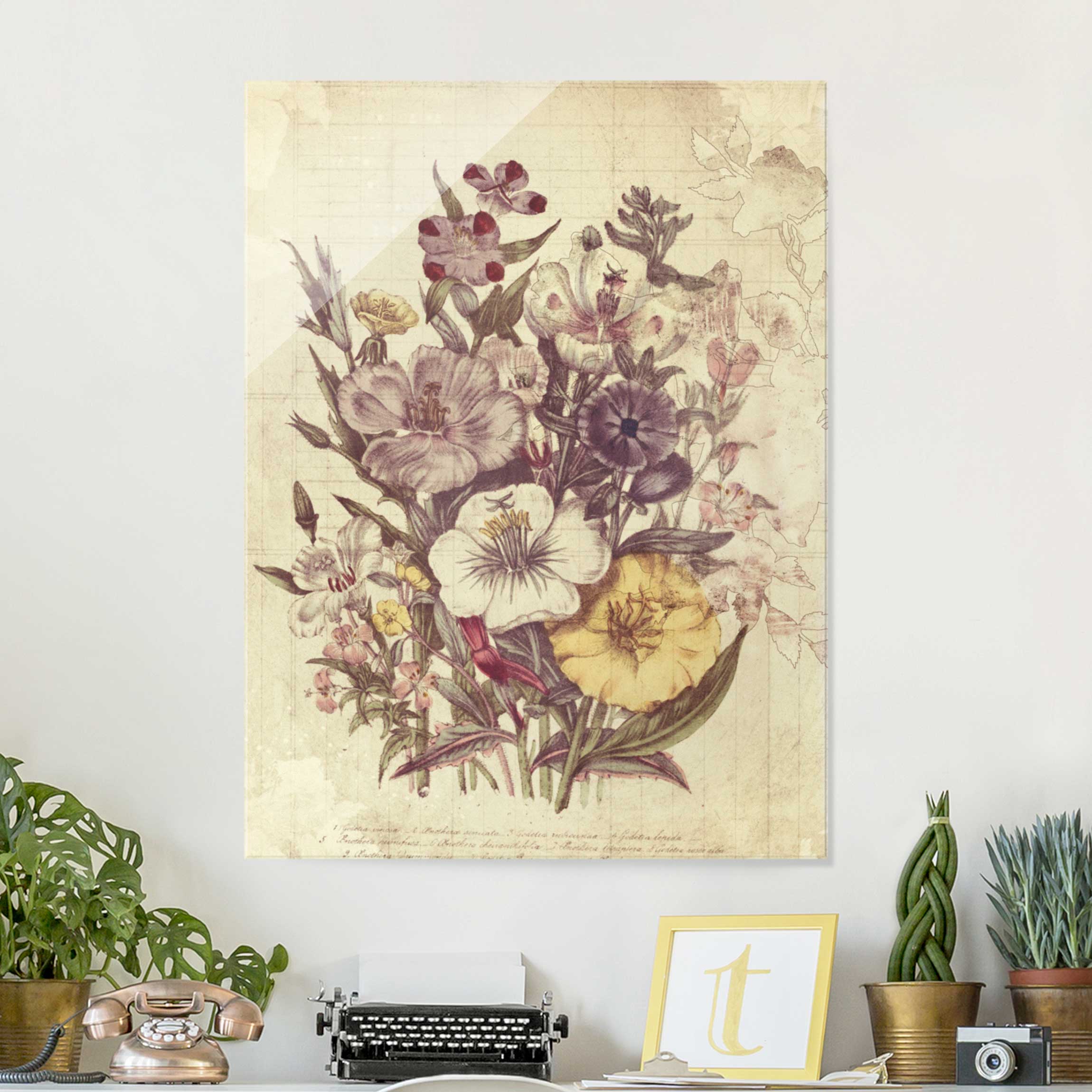 Glasbild - Hochformat Vintage Letter Blumenstrauss