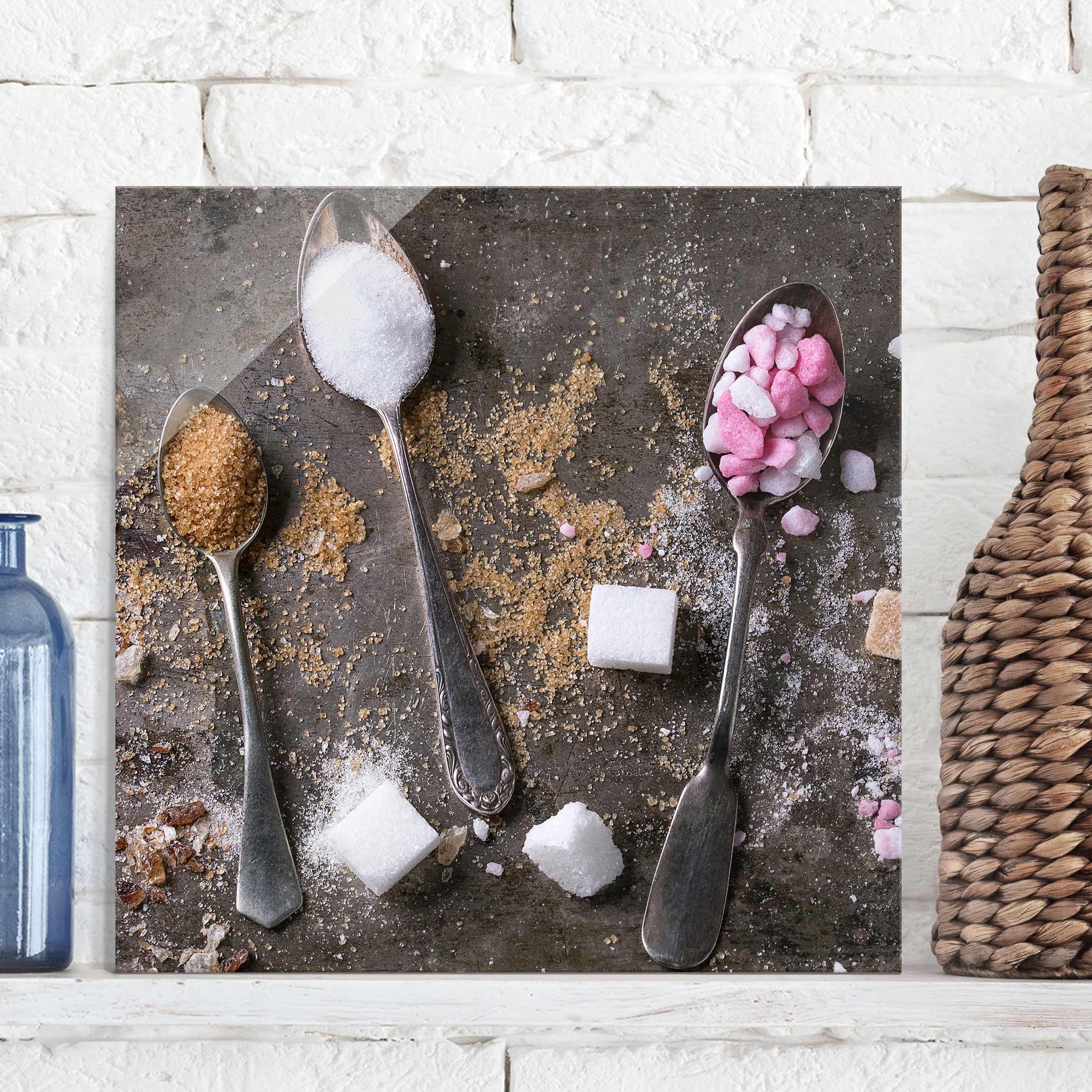 Glasbild - Quadrat Vintage Löffel mit Zucker
