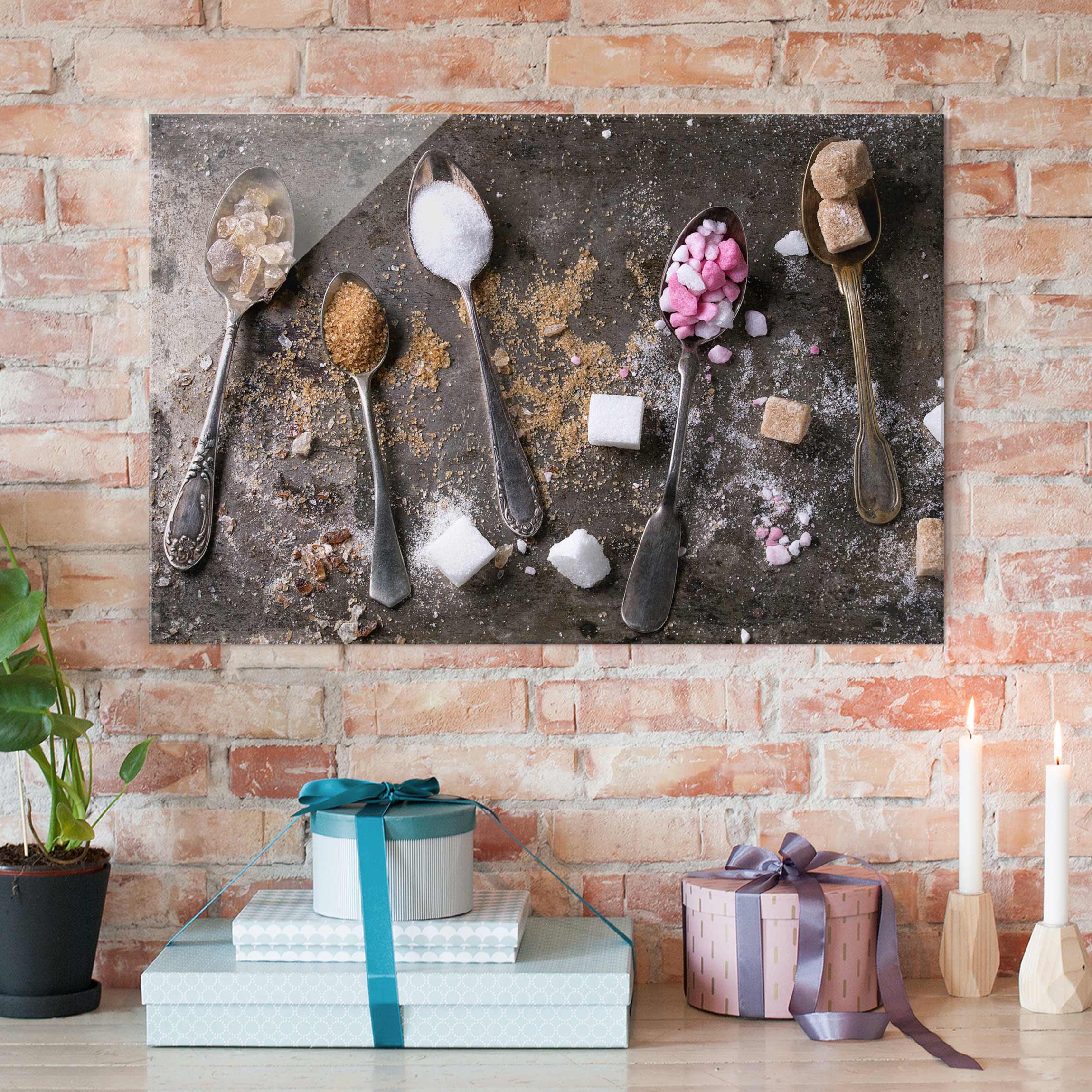 Glasbild - Querformat Vintage Löffel mit Zucker