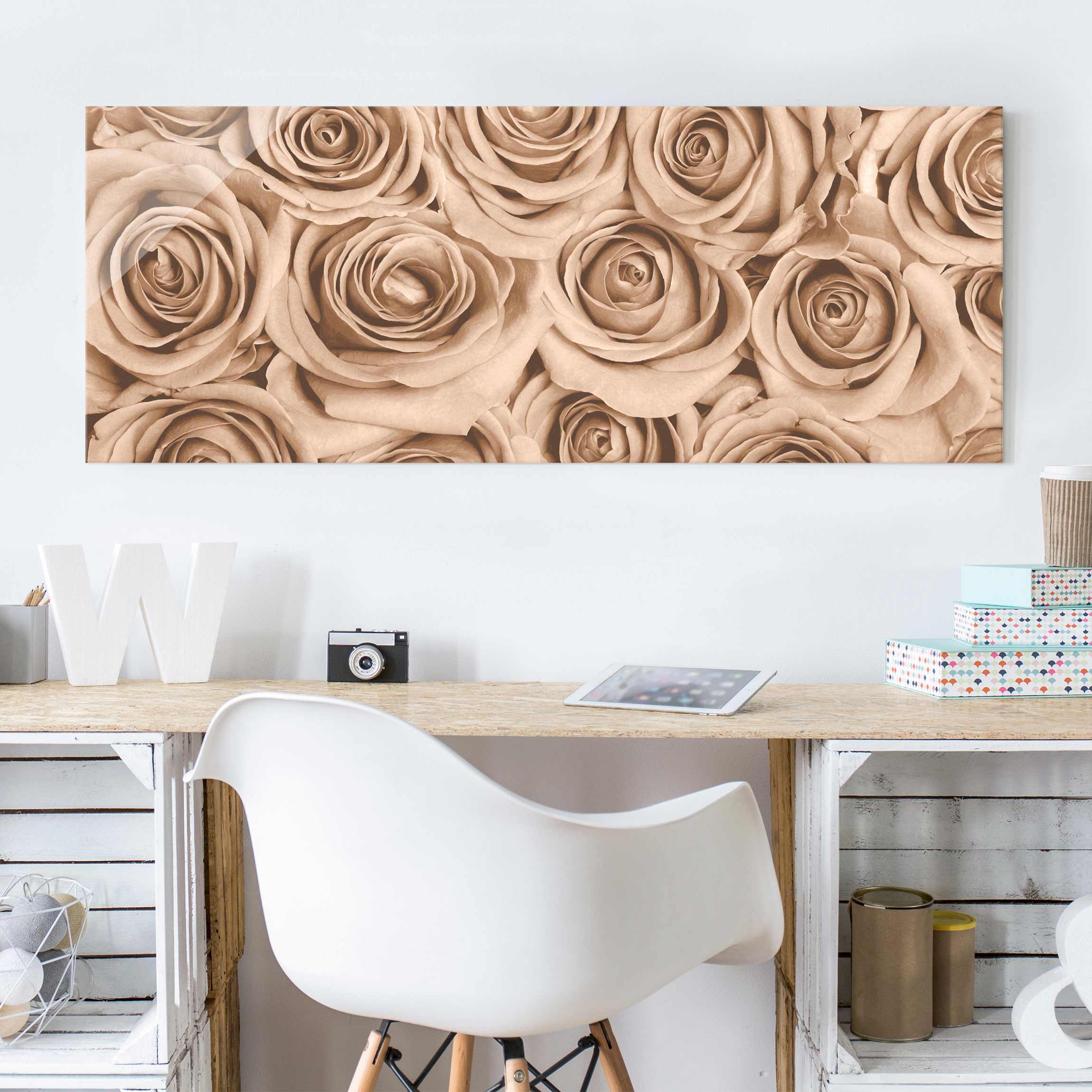 Glasbild - Panorama Vintage Rosen