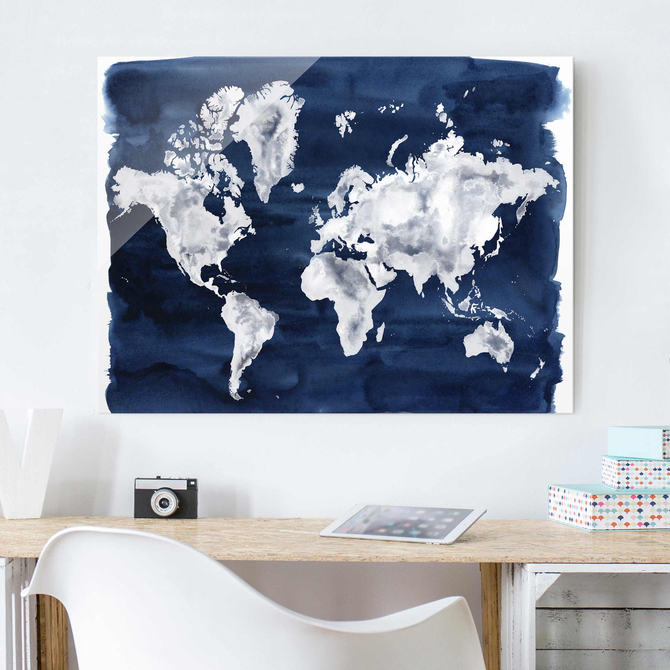 Glasbild - Querformat Wasser-Weltkarte dunkel