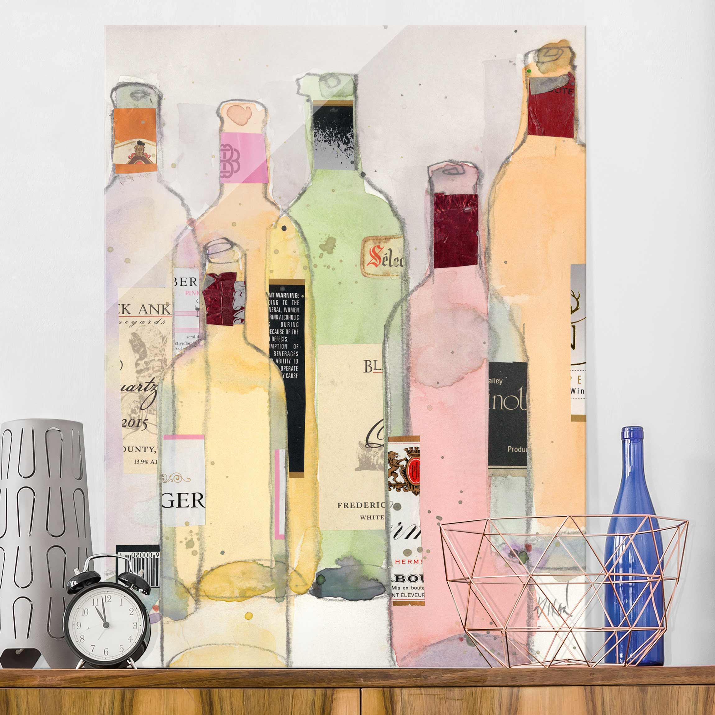 Glasbild Küche Weinflaschen in Wasserfarbe I