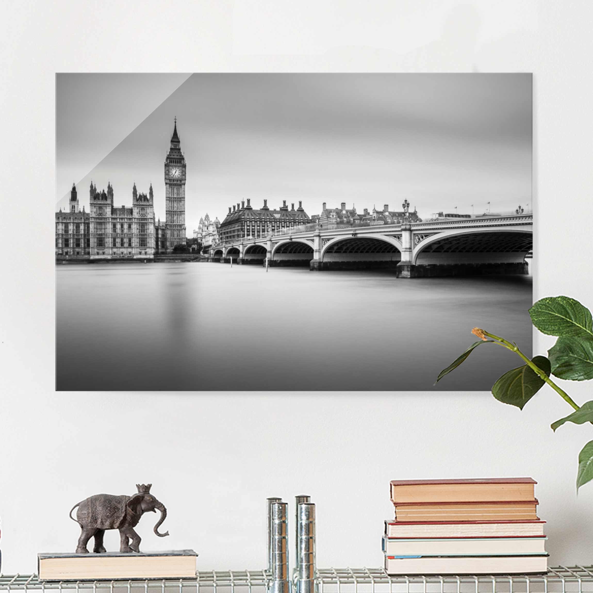 Glasbild Schwarz-Weiß Westminster Brücke und Big Ben