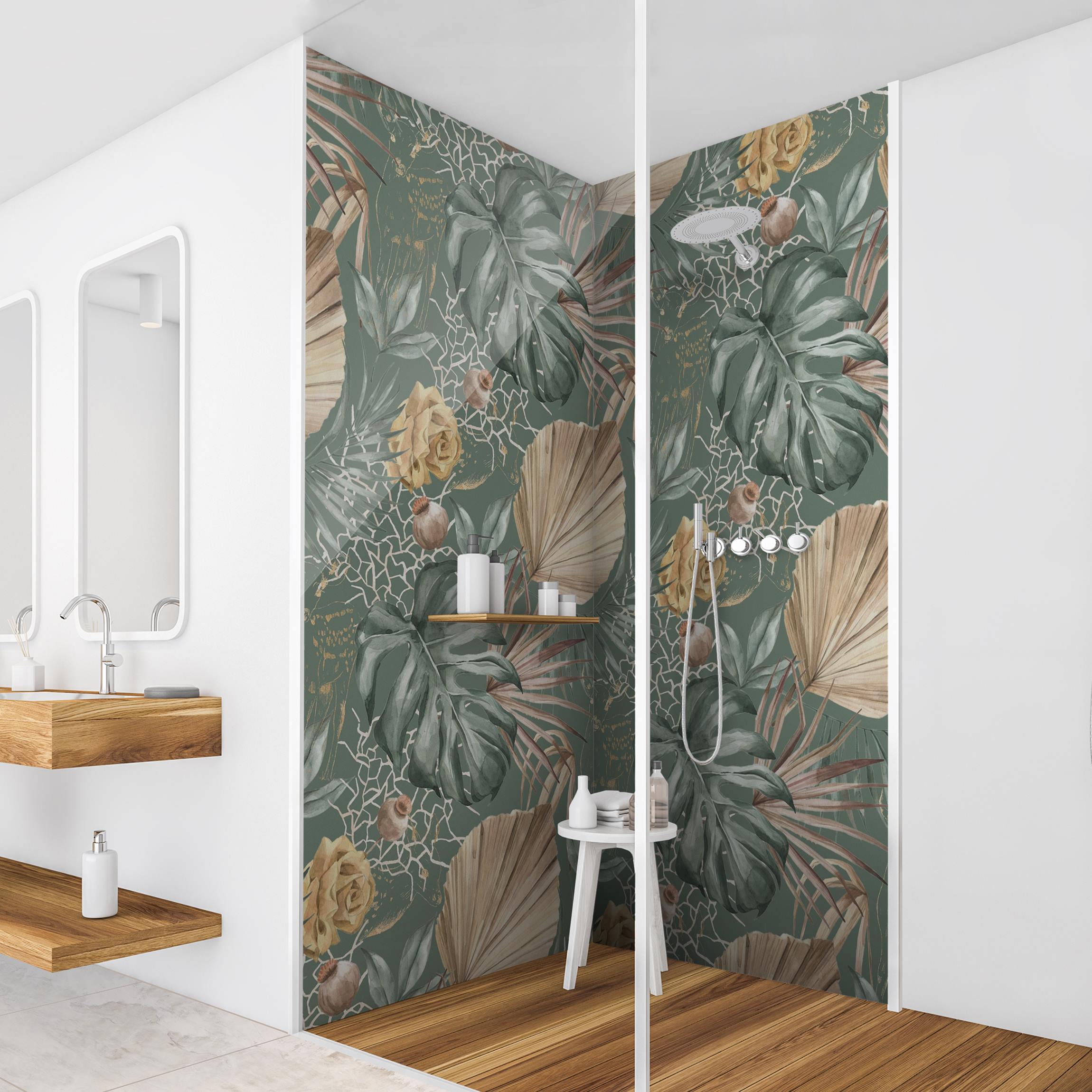 Duschrückwand Große Blätter mit Rosen vor Grün