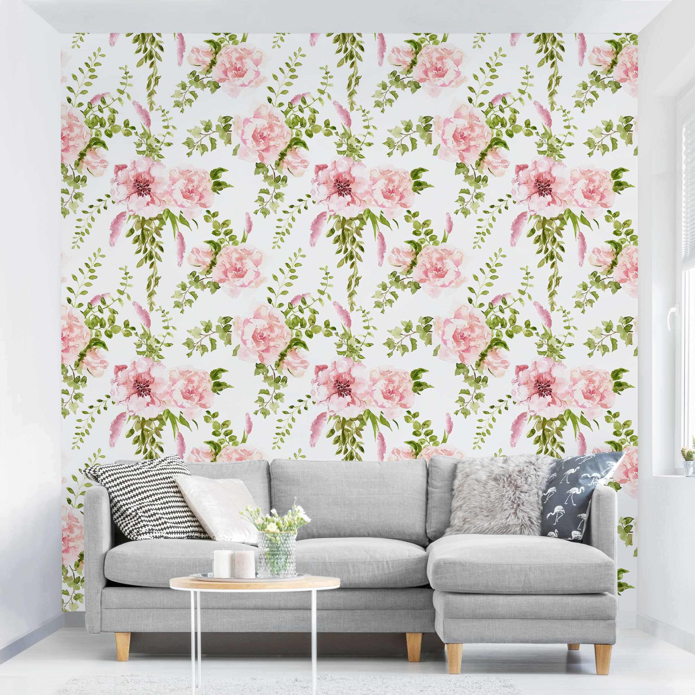 Mustertapete Grüne Blätter mit Rosa Blüten in Aquarell