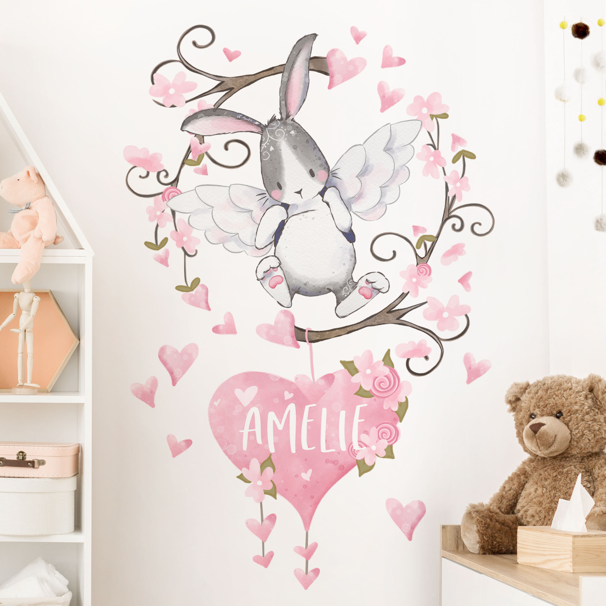 Wandtattoo 8-teilig Hase Engel mit Wunschnamen