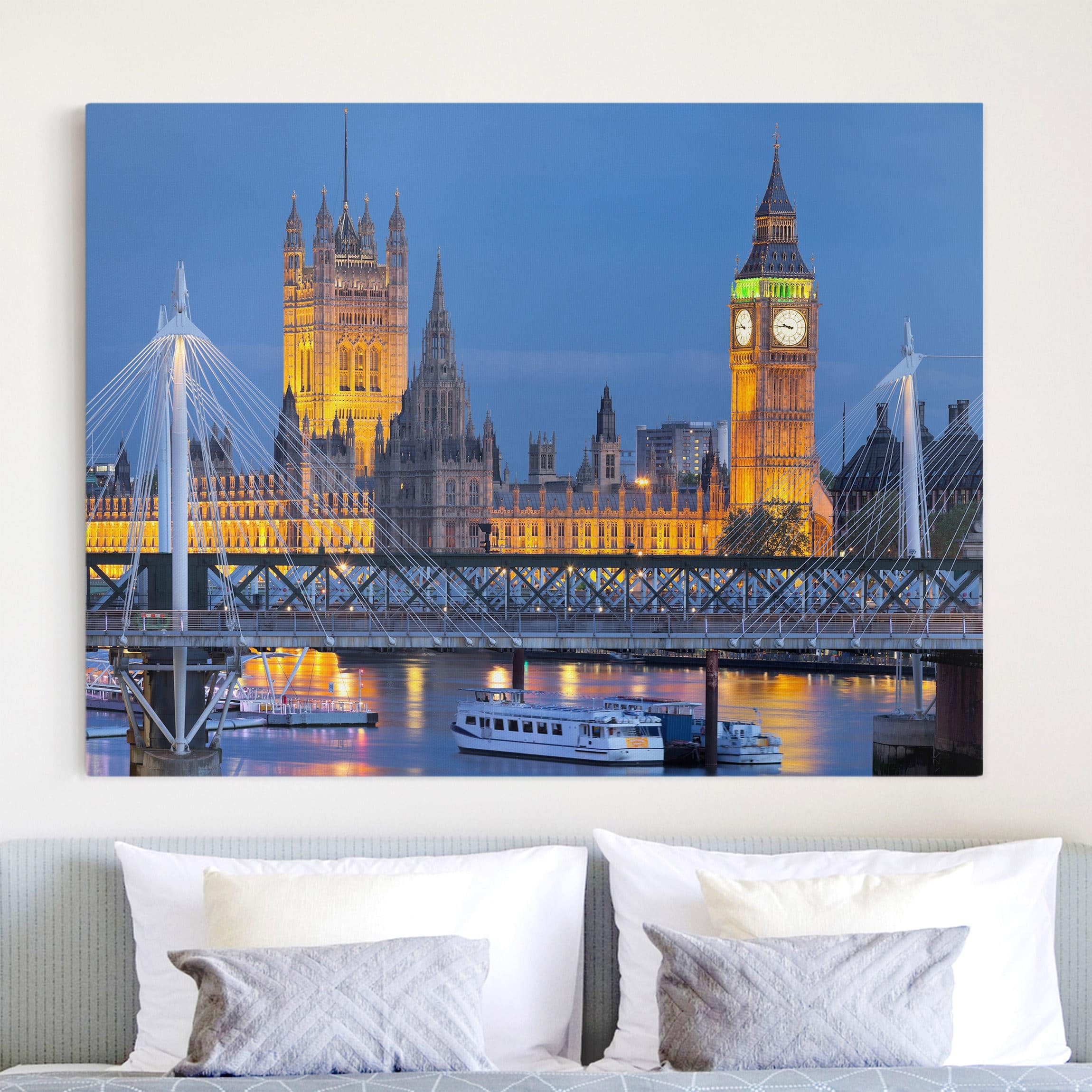Leinwandbild - Querformat Big Ben und Westminster Palace in London bei Nacht