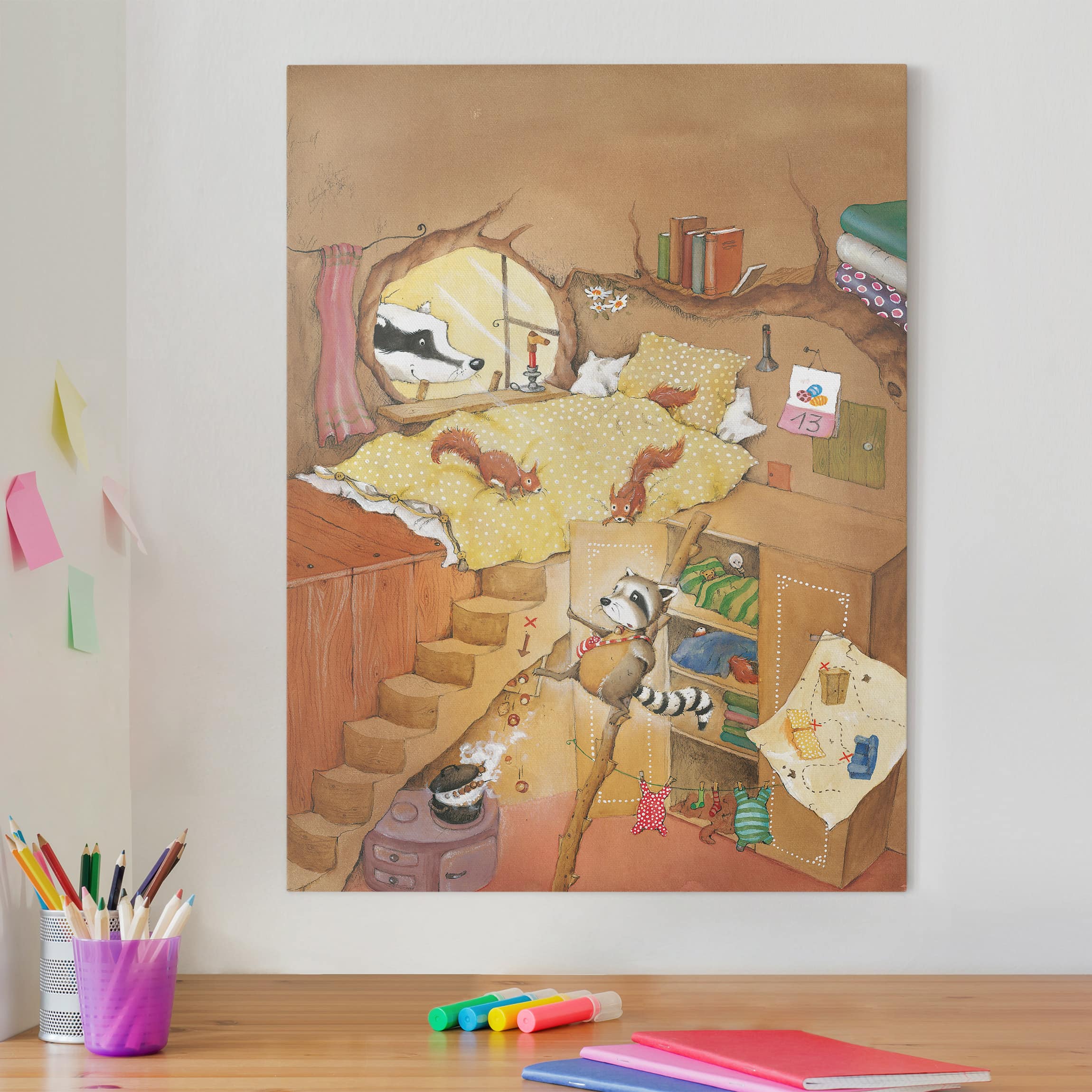 Leinwandbild Kinderzimmer Wassili Waschbär - Familie Eichhorn braucht Hilfe