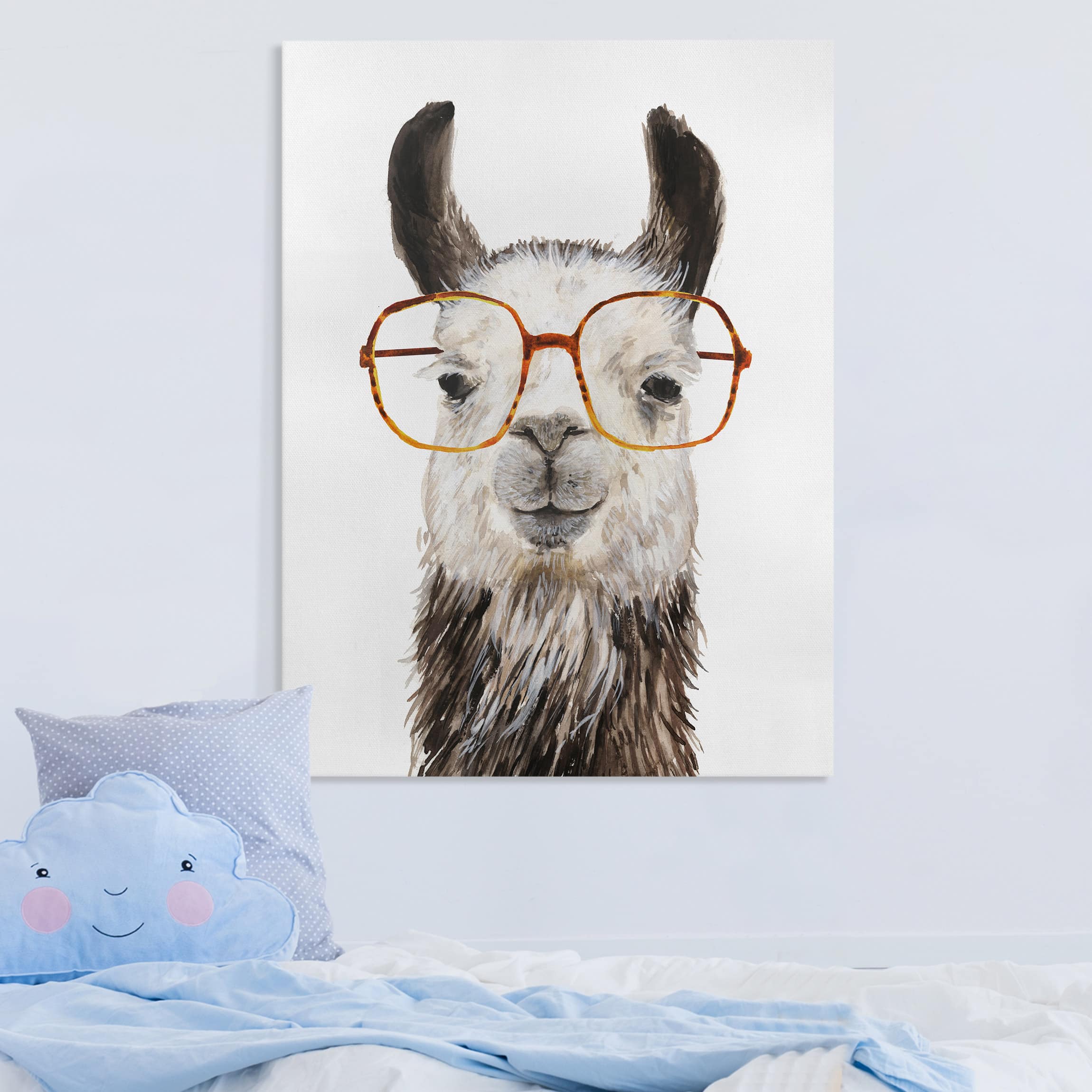 Leinwandbild - Hochformat Hippes Lama mit Brille IV