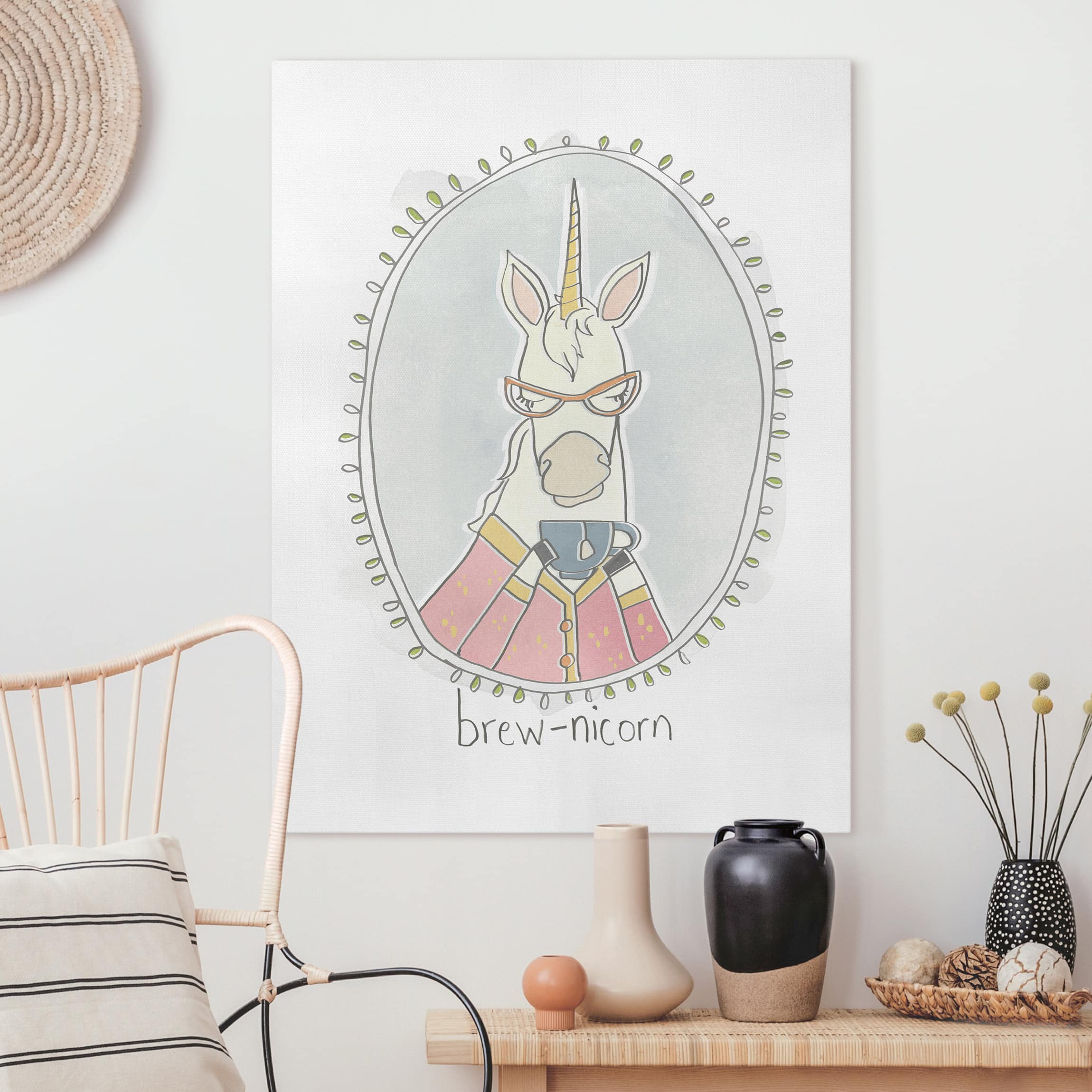 Leinwandbild - Hochformat Koffeinhaltiges Einhorn