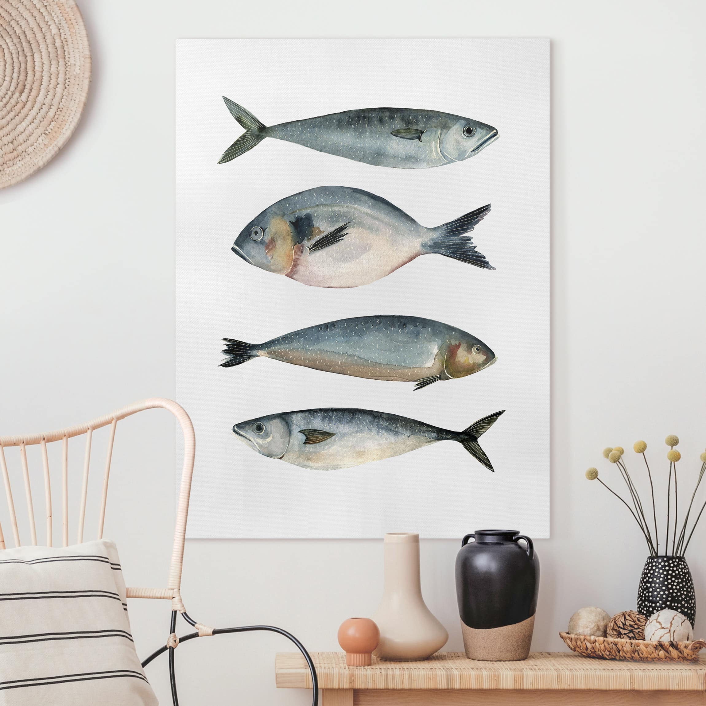 Leinwandbild - Hochformat Vier Fische in Aquarell II