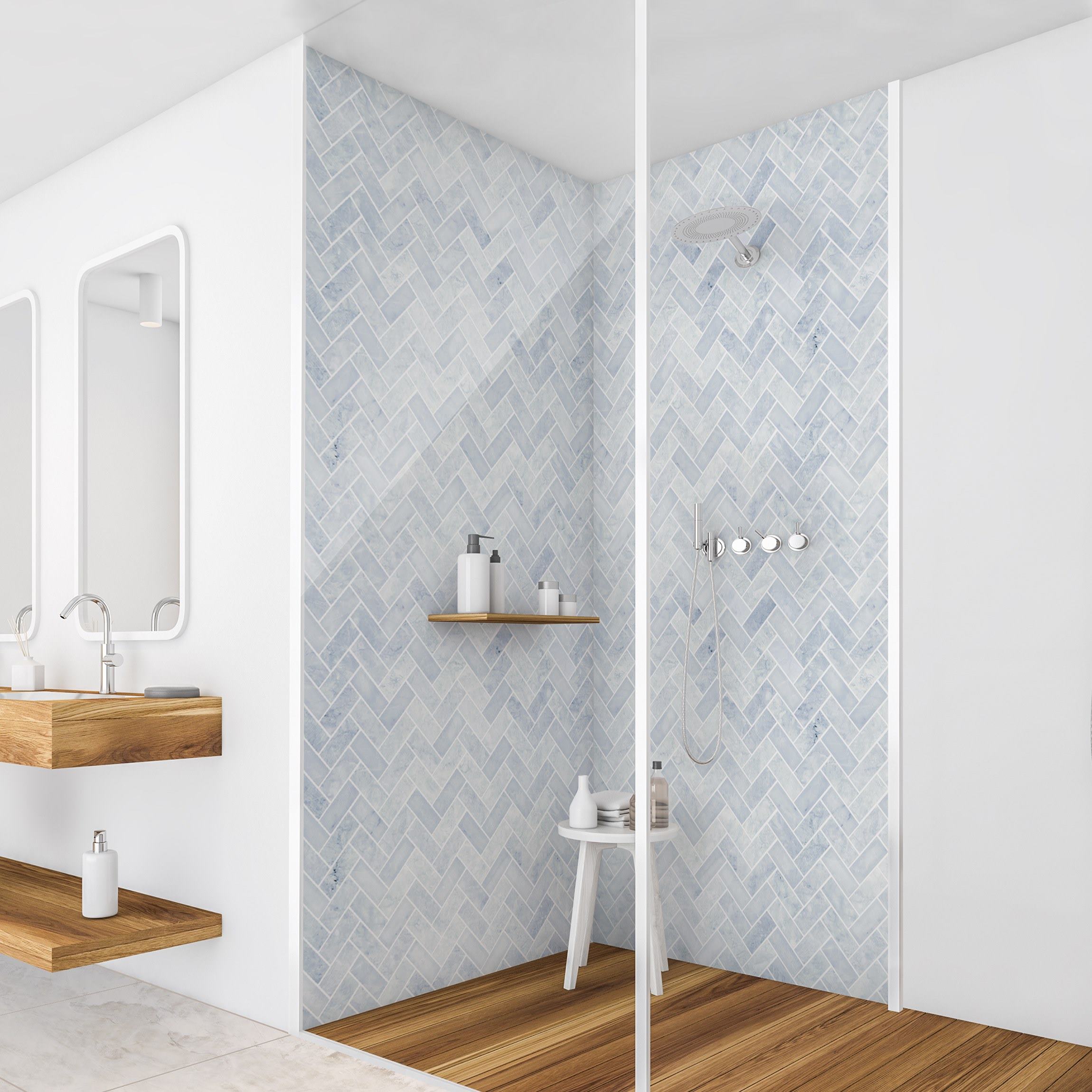 Duschrückwand Marmor Fischgräten Fliesen - Eisblau