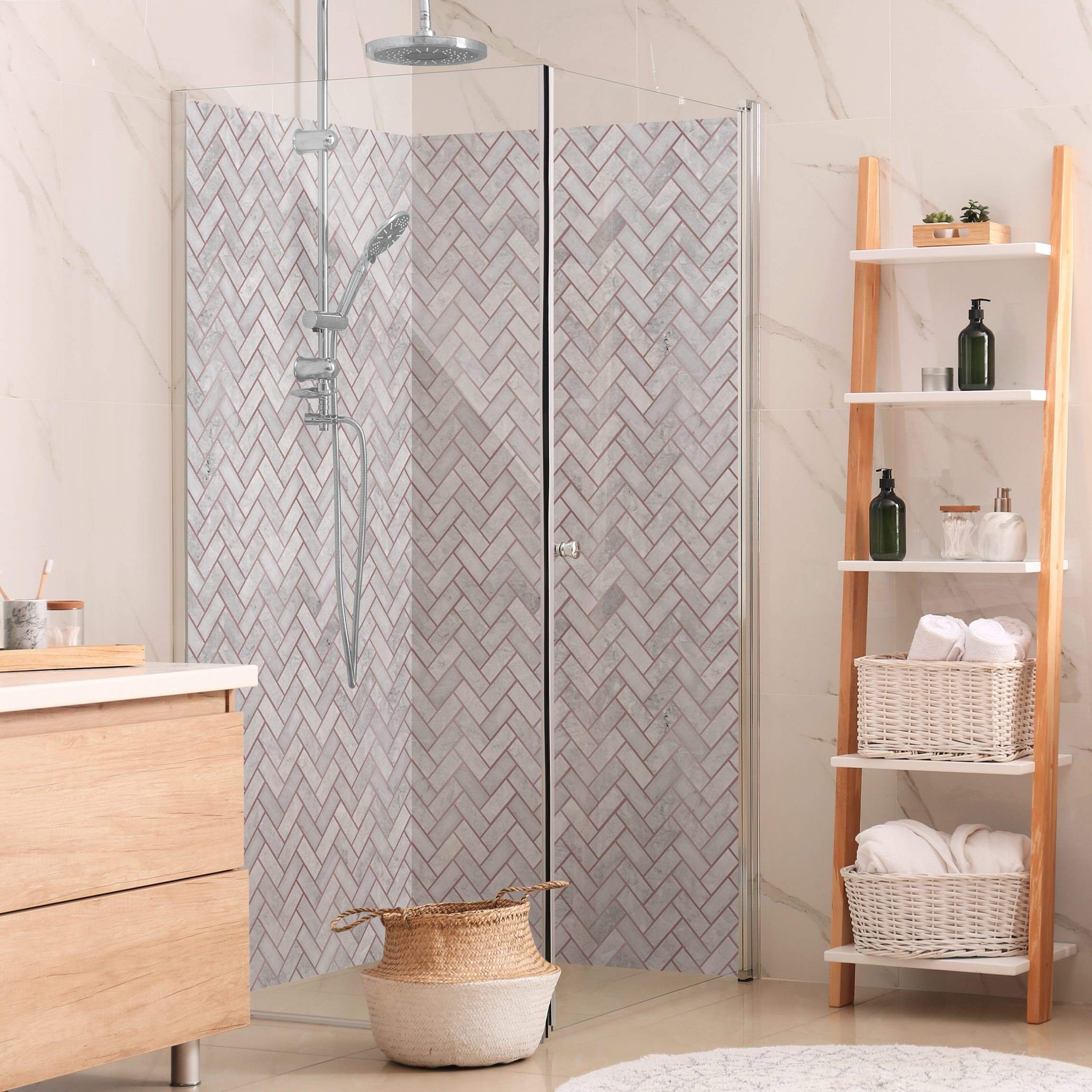 Duschrückwand Marmor Fischgräten Fliesen - Hellgrau-Rosegold