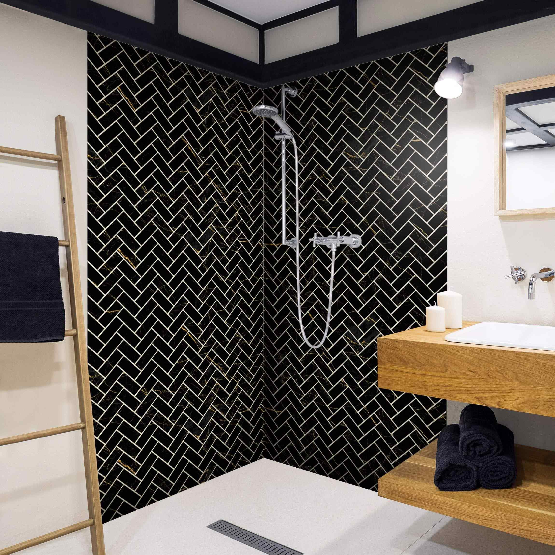 Duschrückwand Marmor Fischgräten Fliesen - Schwarz-Gold