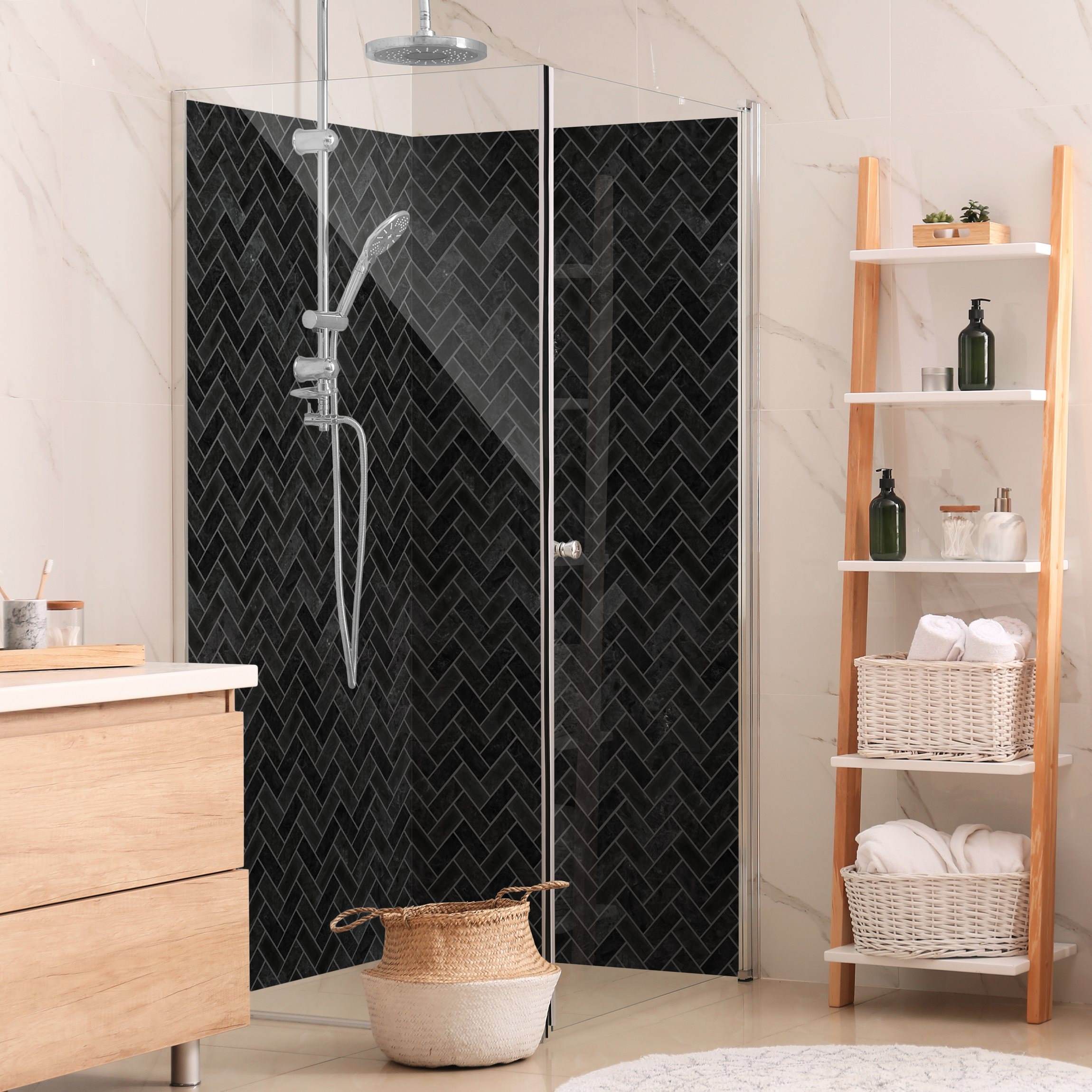 Duschrückwand Marmor Fischgräten Fliesen - Schwarz graue Fugen