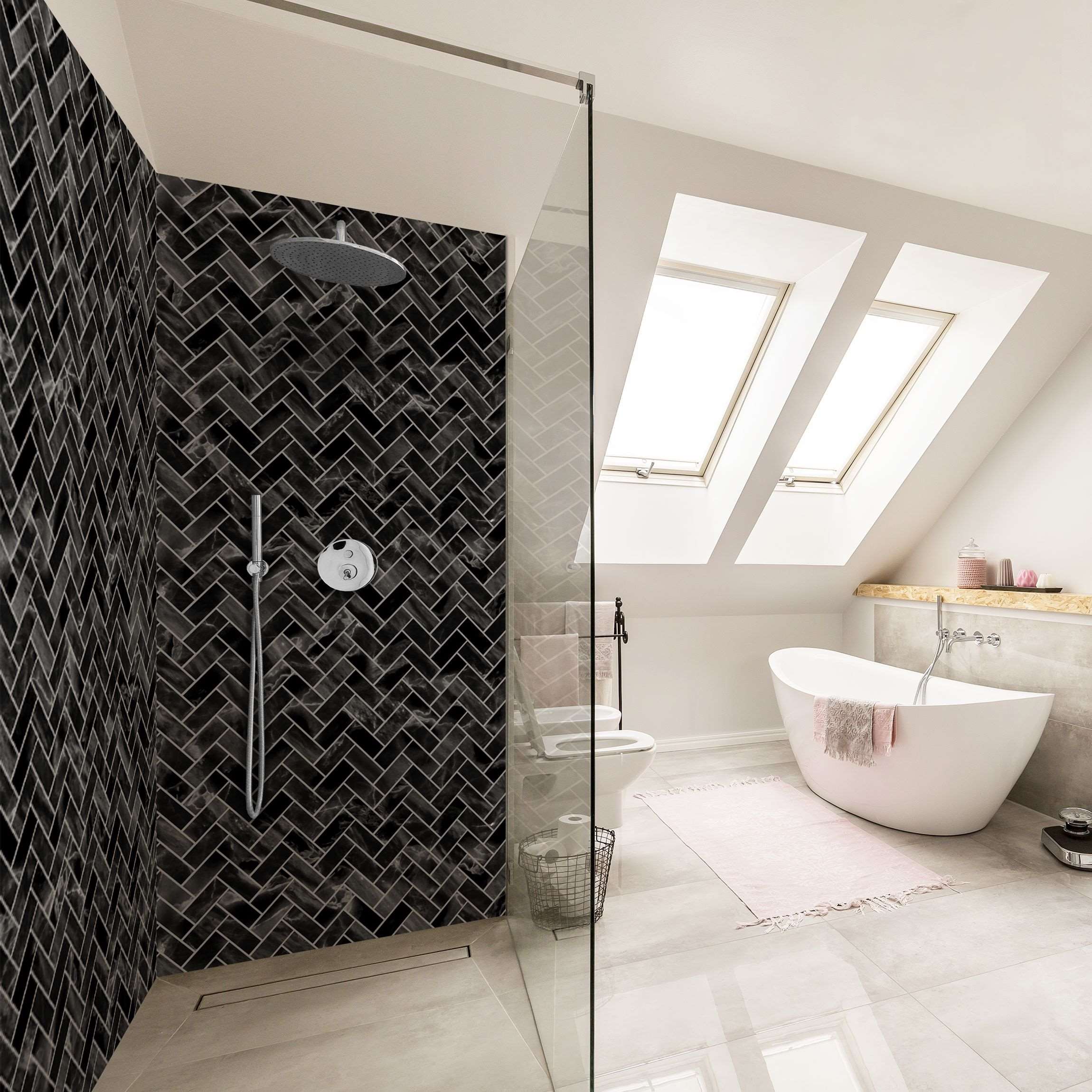 Duschrückwand Marmor Fischgräten Fliesen - Schwarz