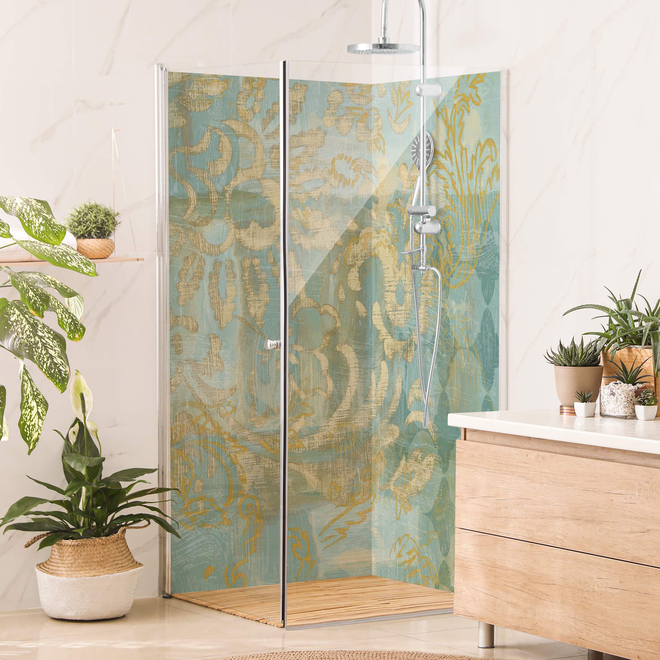 Duschrückwand Marokkanische Collage in Gold und Türkis