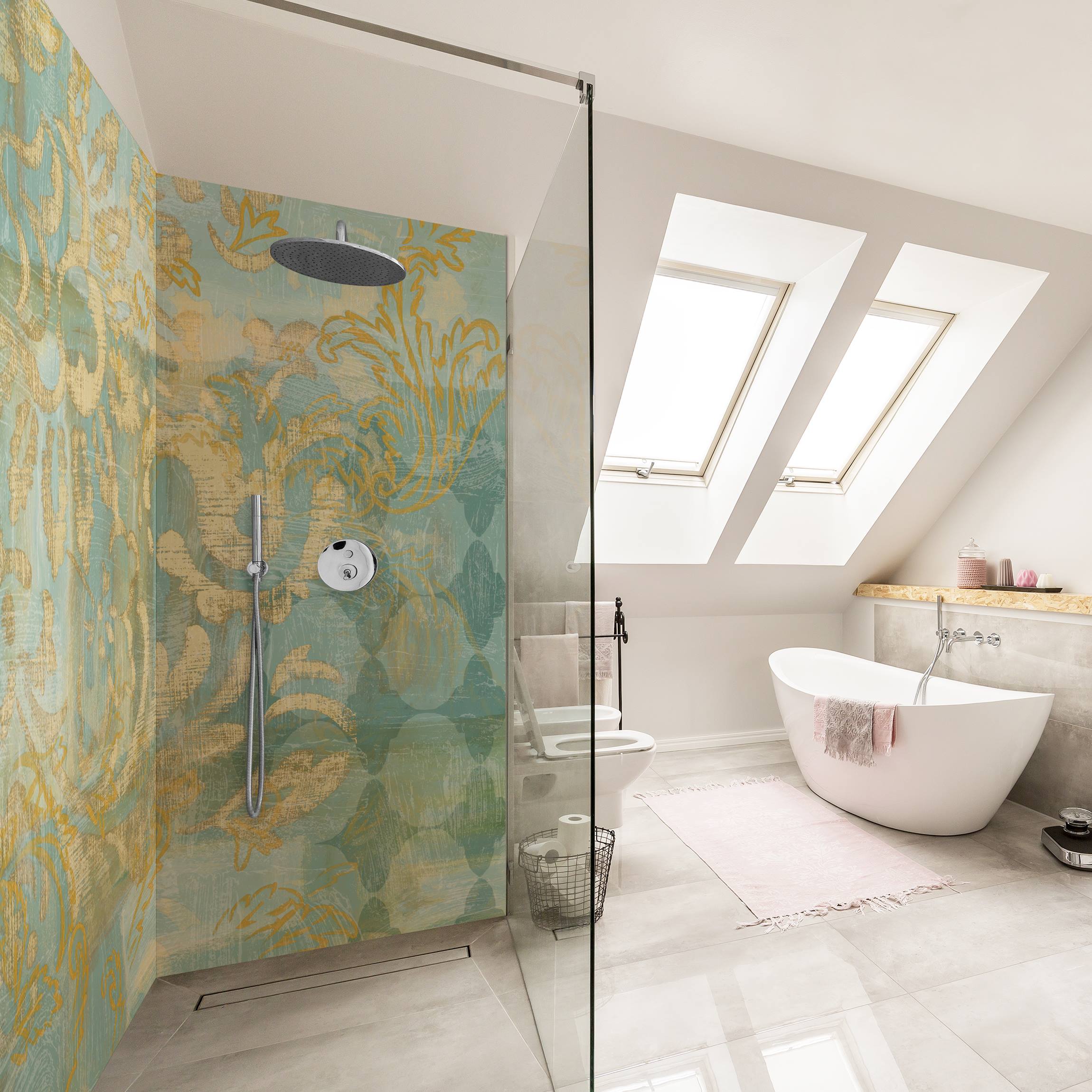 Duschrückwand Marokkanische Collage in Gold und Türkis