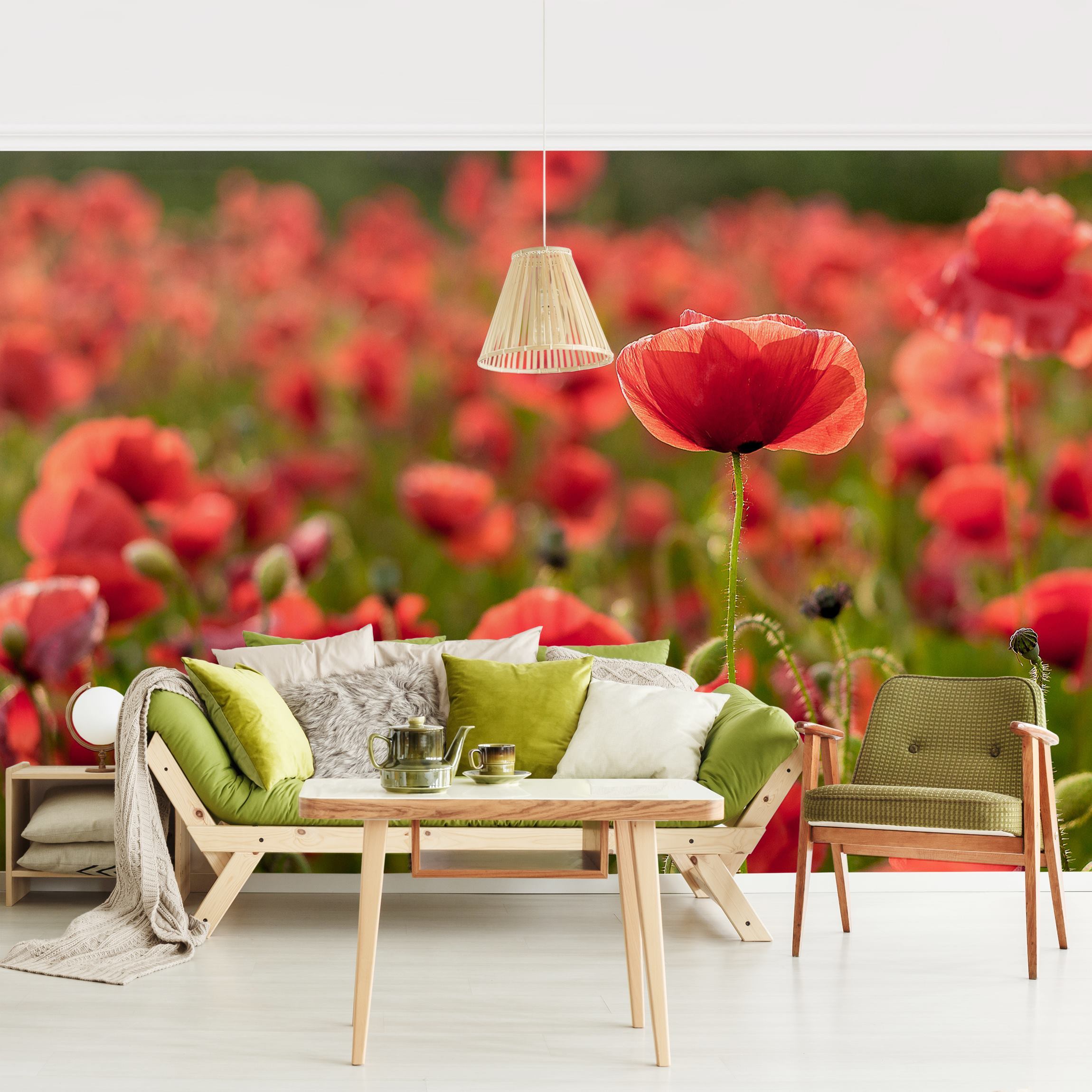 Fototapete Blumen Mohnfeld im Sonnenlicht