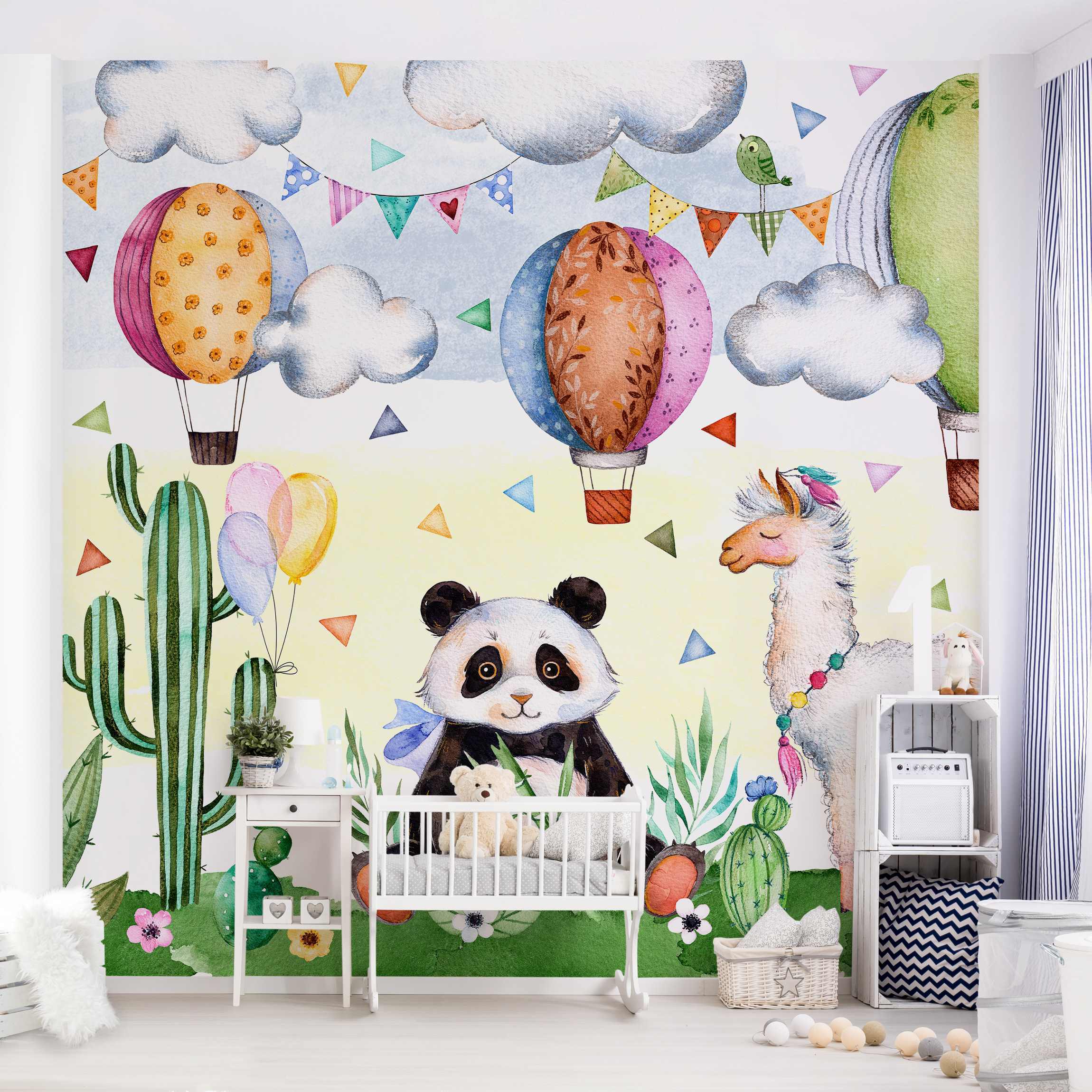 Fototapete Kinderzimmer Panda und Lama Aquarell