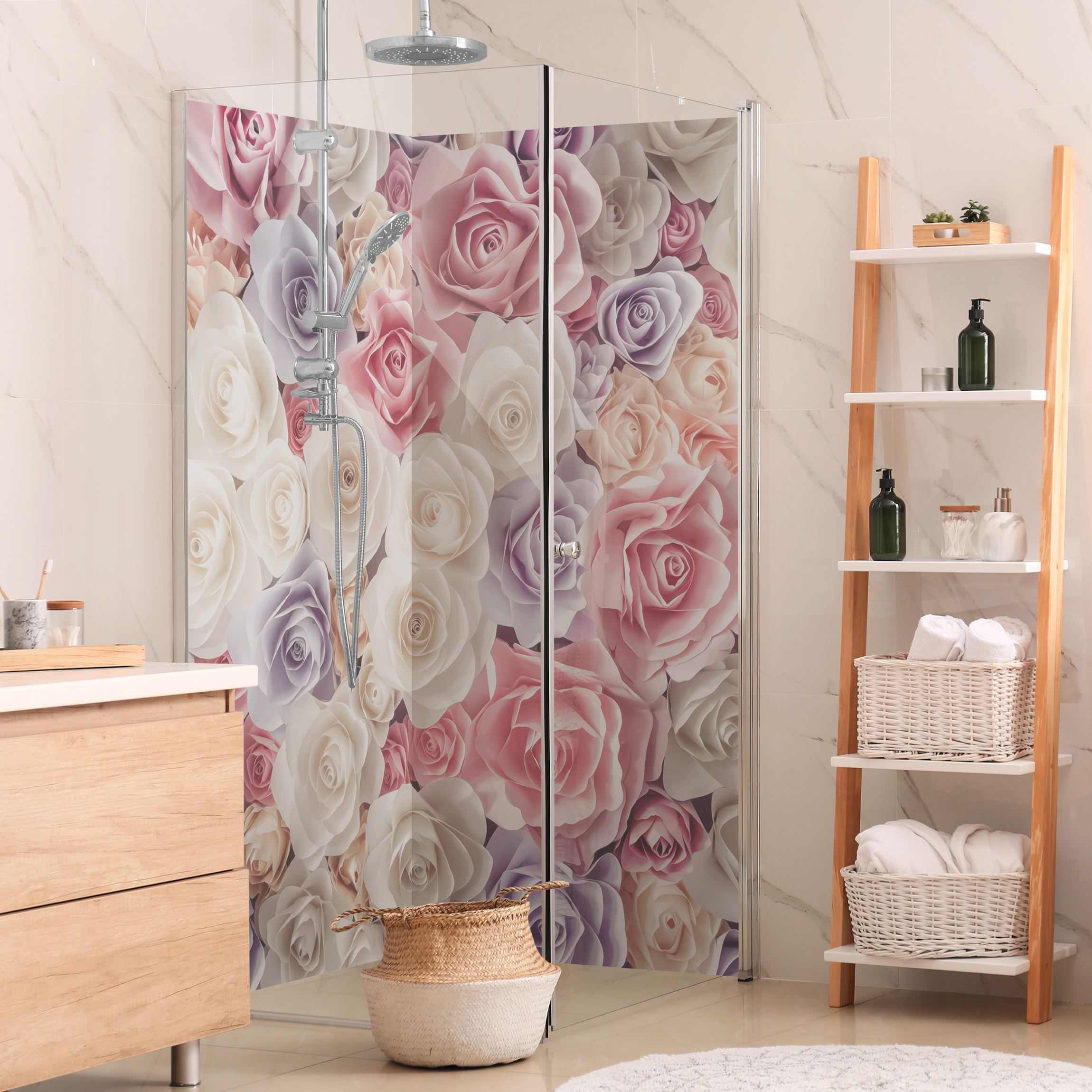 Duschrückwand Pastell Paper Art Rosen