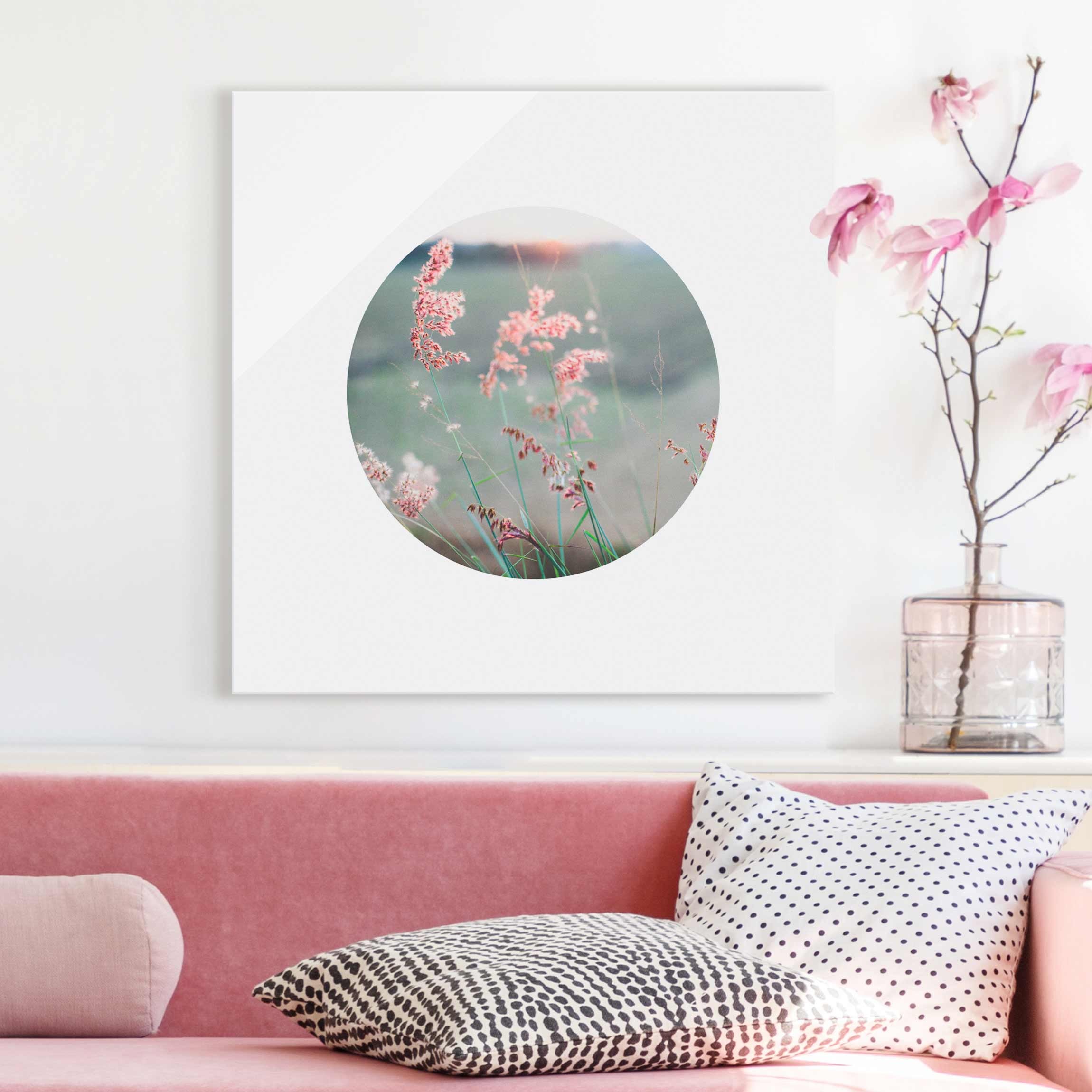 Glasbild Pinke Blumen im Kreis
