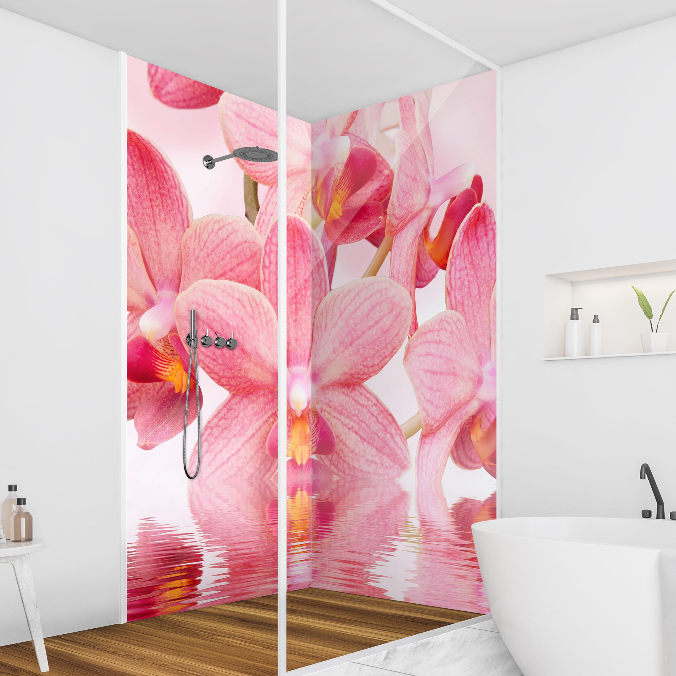 Duschrückwand Rosa Orchideen auf Wasser
