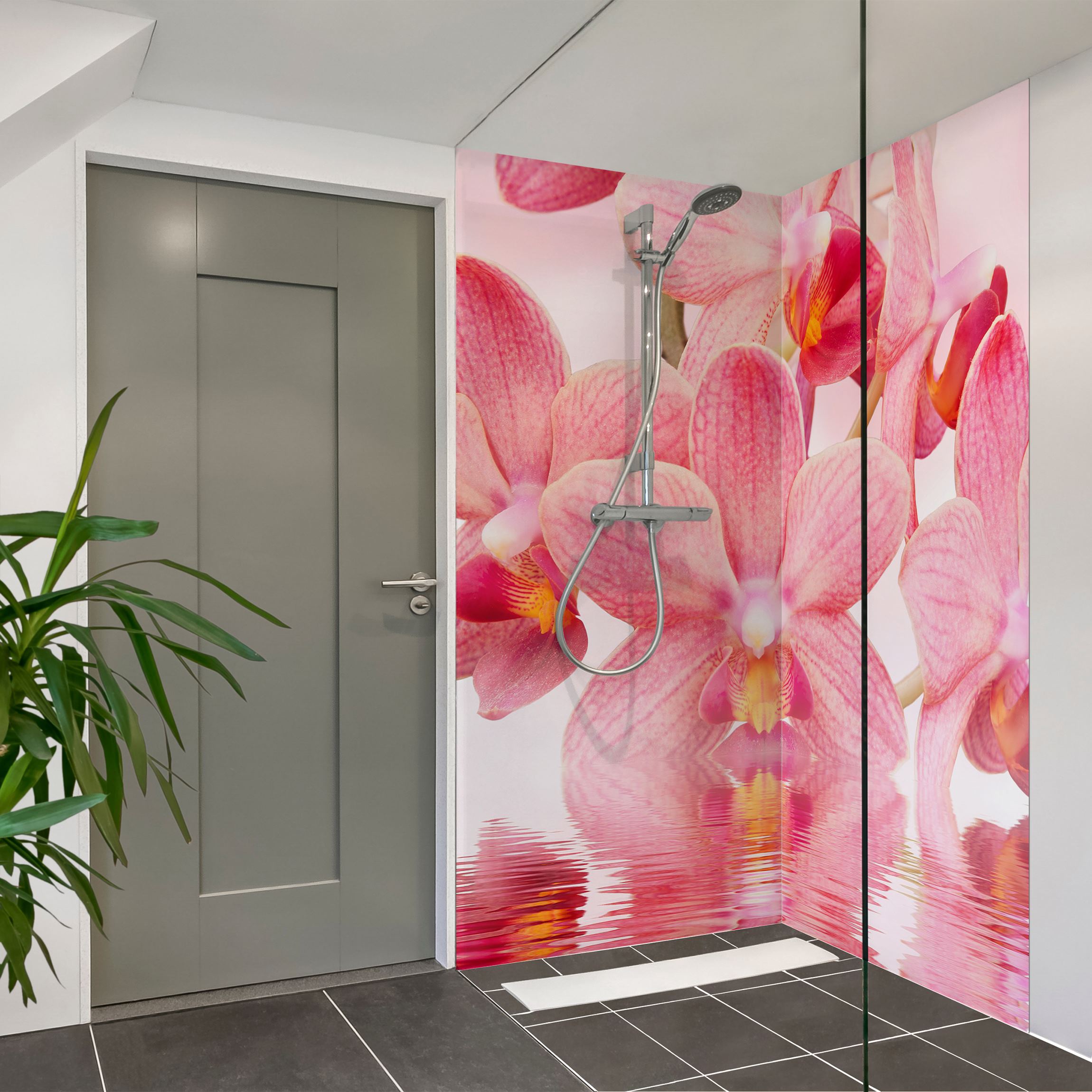 Duschrückwand Rosa Orchideen auf Wasser