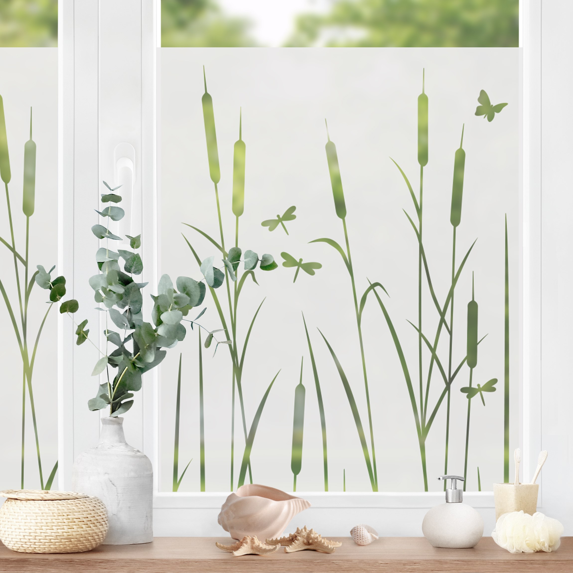 Fensterfolie Schilf mit Libellen und Schmetterlingen II